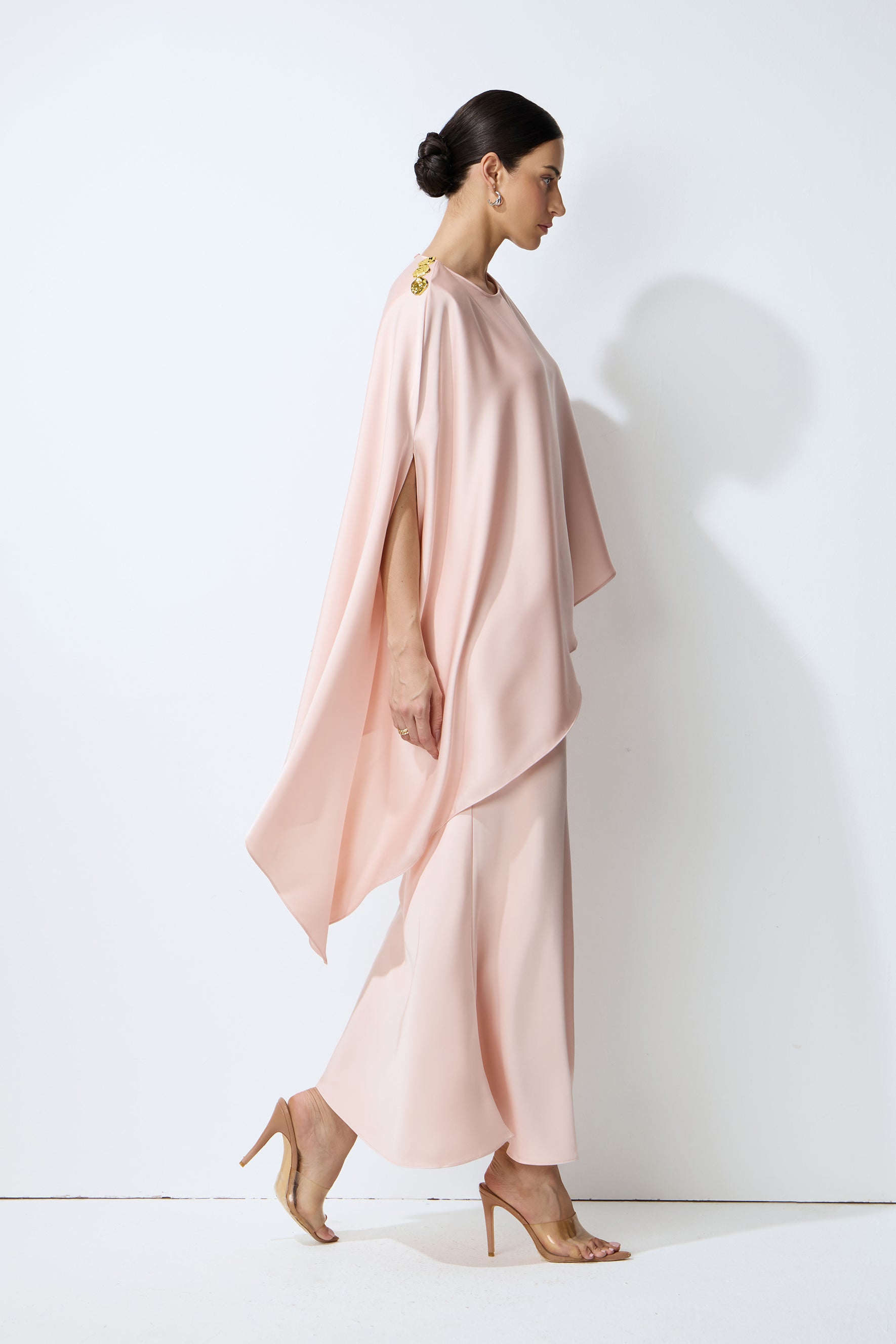 Effortless Elegance Pink Draped Cape Top & Maxi Skirt Set