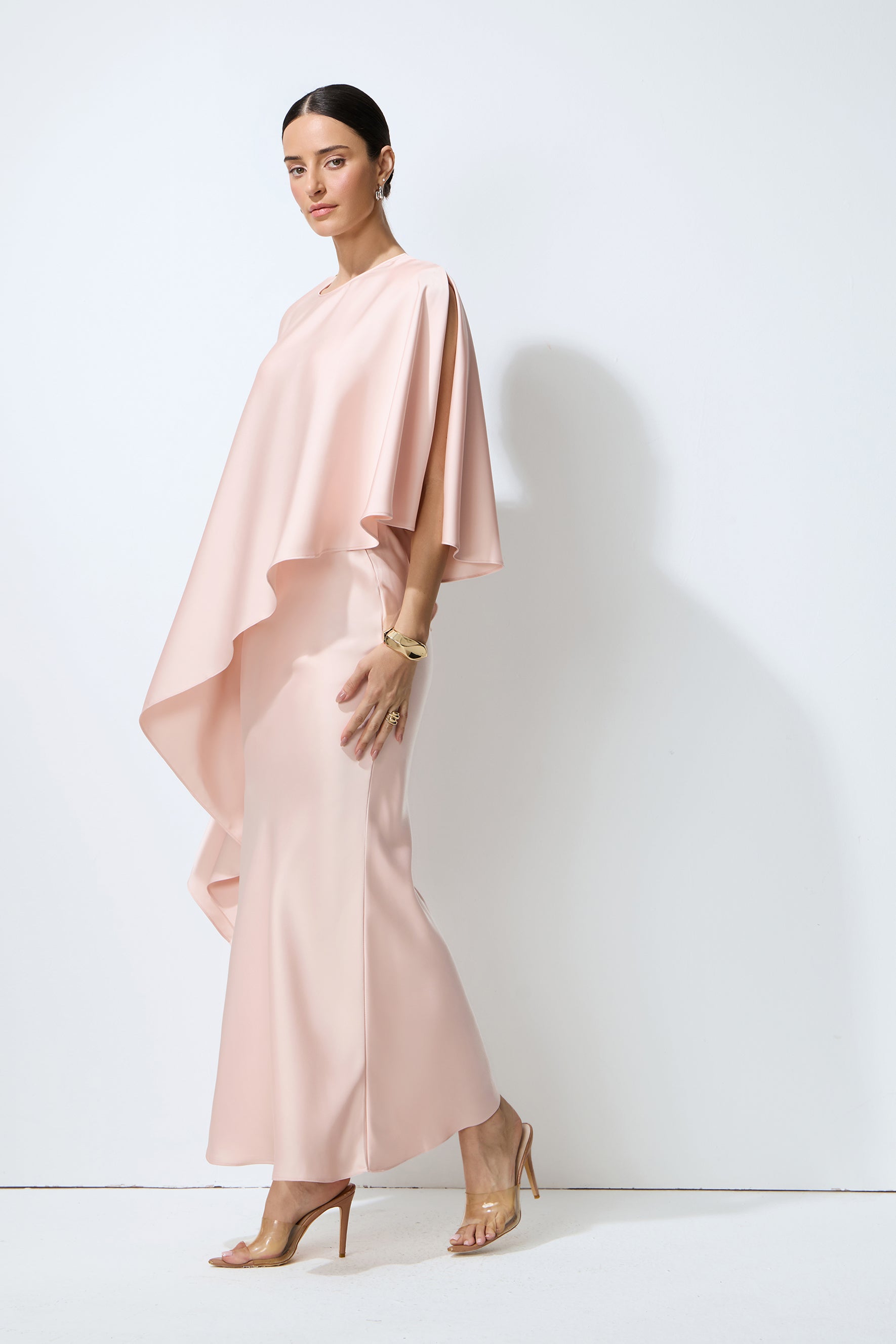 Effortless Elegance Pink Draped Cape Top & Maxi Skirt Set