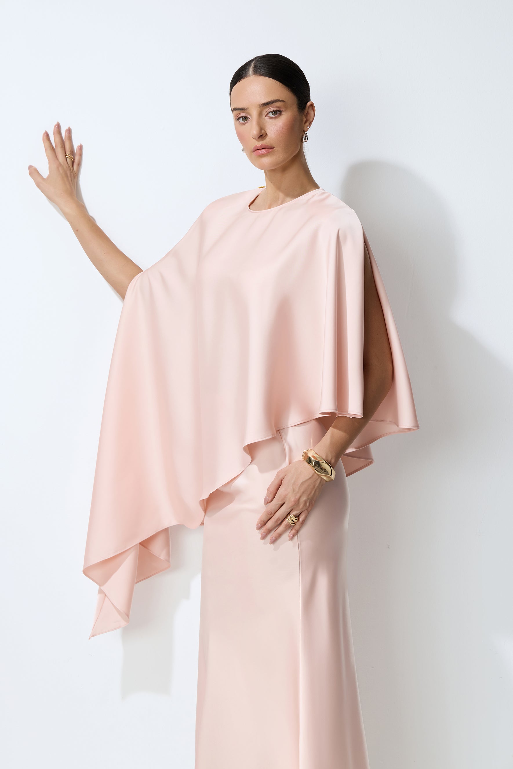 Effortless Elegance Pink Draped Cape Top & Maxi Skirt Set