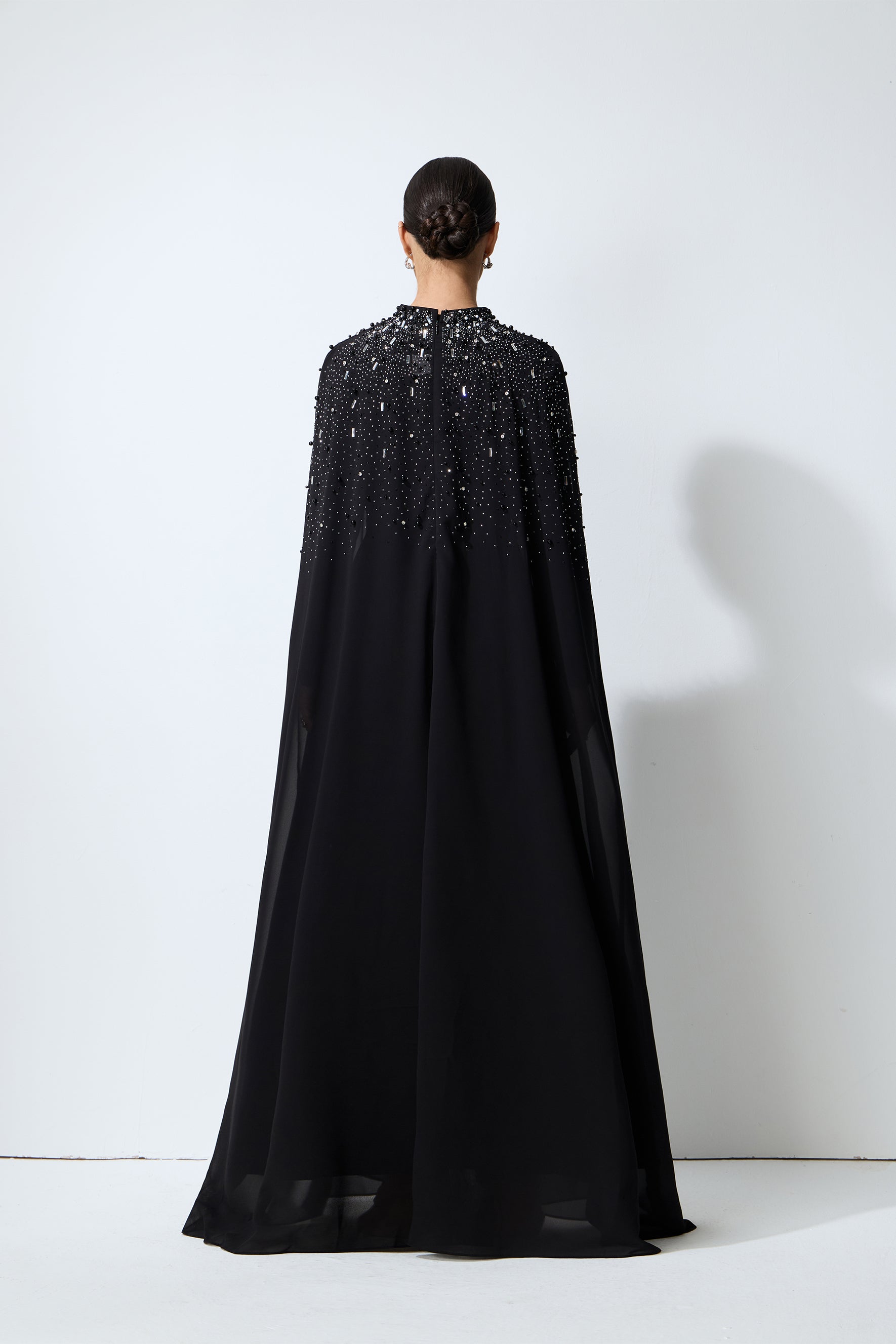 Luxe Simplicity Black Pearl Embellished Cape & Dress Set