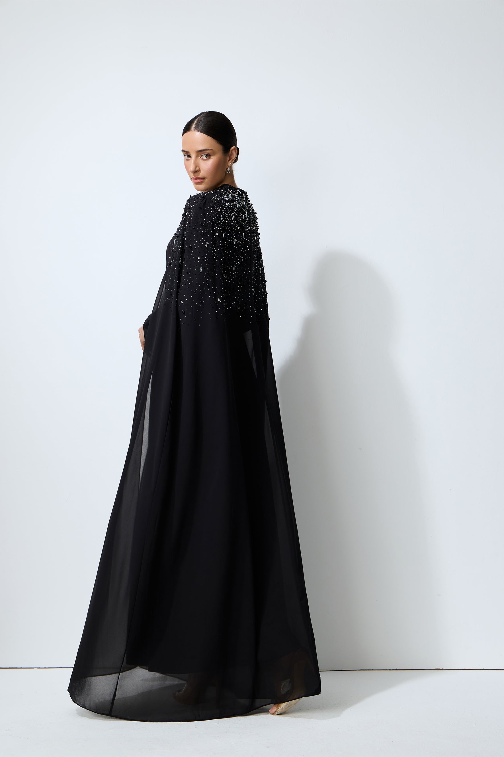 Luxe Simplicity Black Pearl Embellished Cape & Dress Set