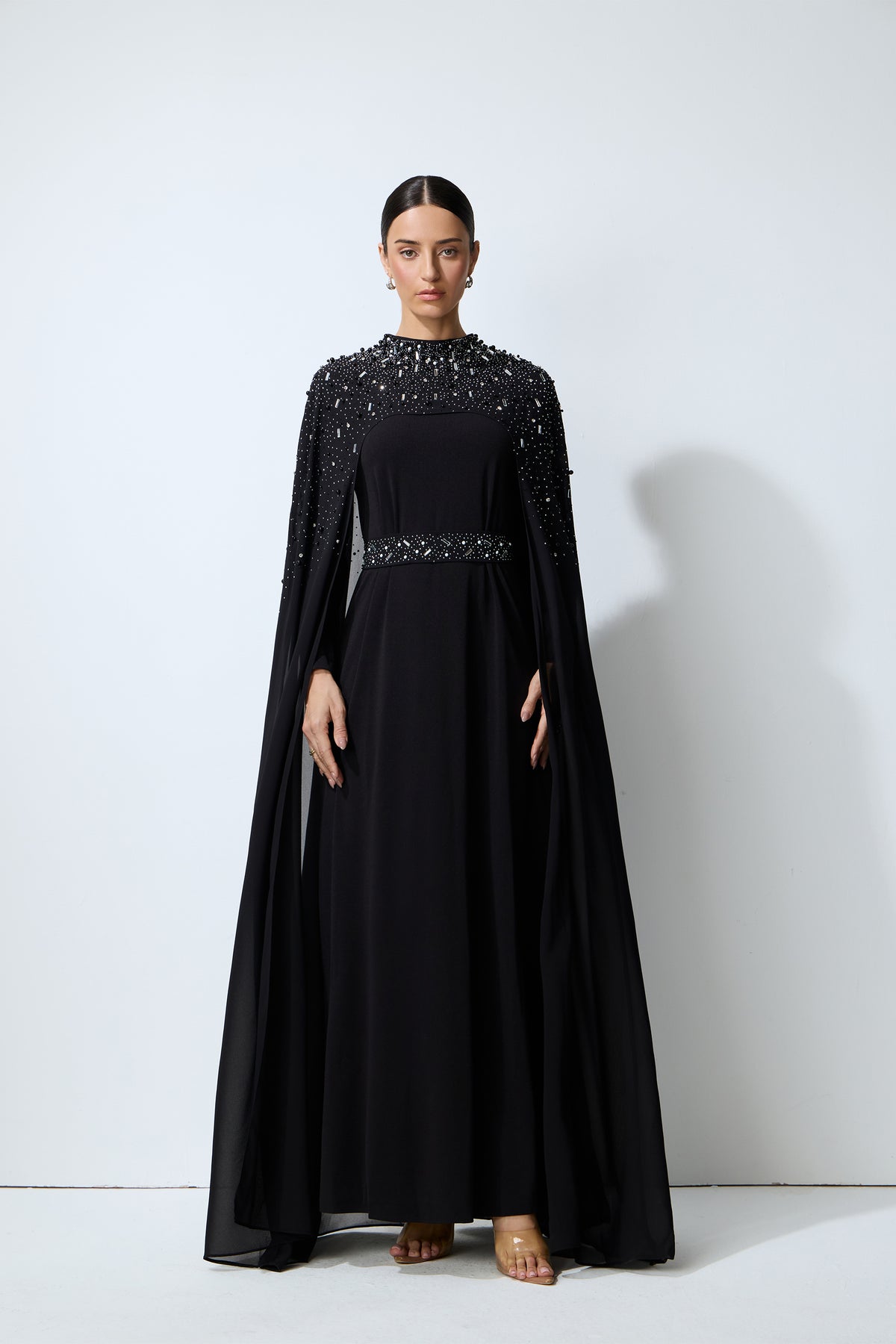 Luxe Simplicity Black Pearl Embellished Cape & Dress Set