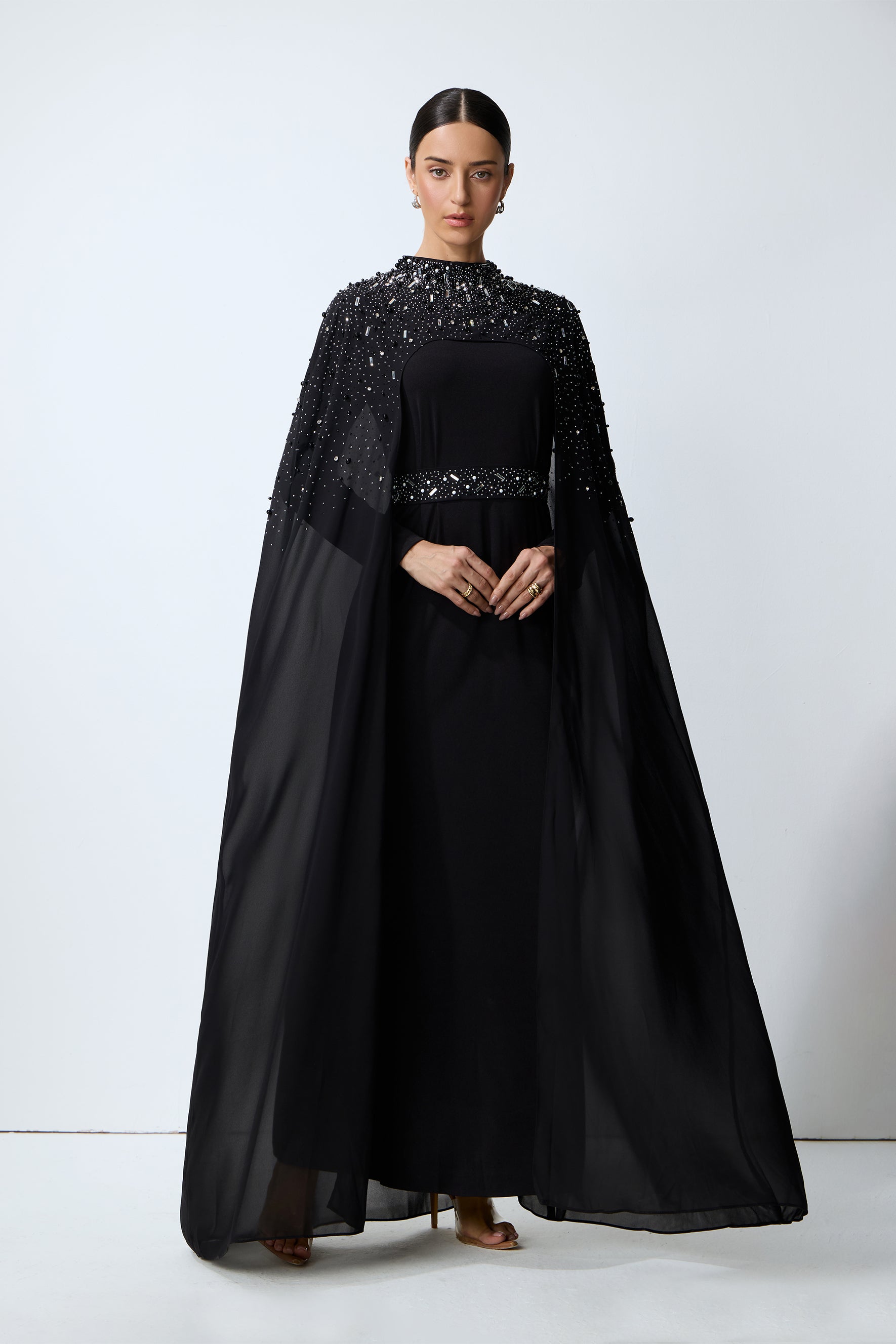 Luxe Simplicity Black Pearl Embellished Cape & Dress Set