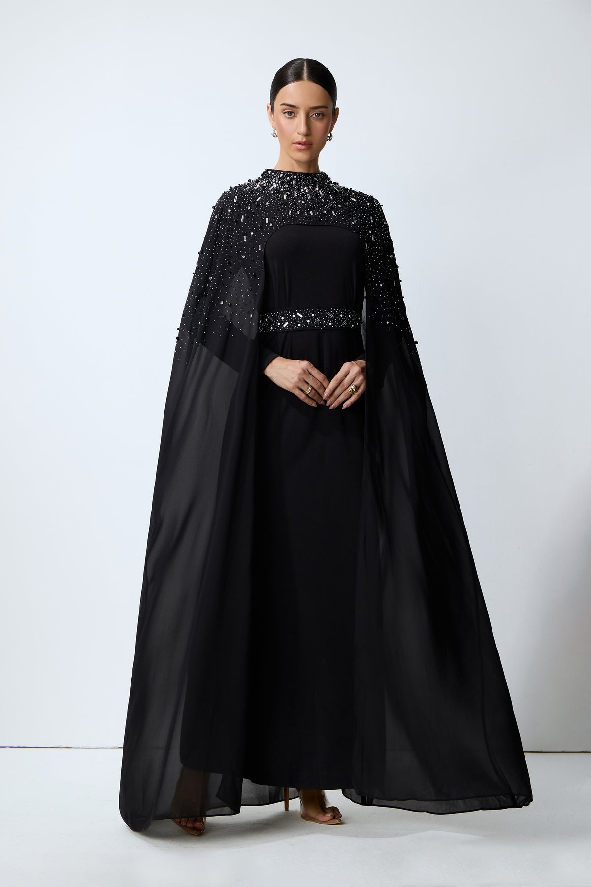 Luxe Simplicity Black Pearl Embellished Cape & Dress Set