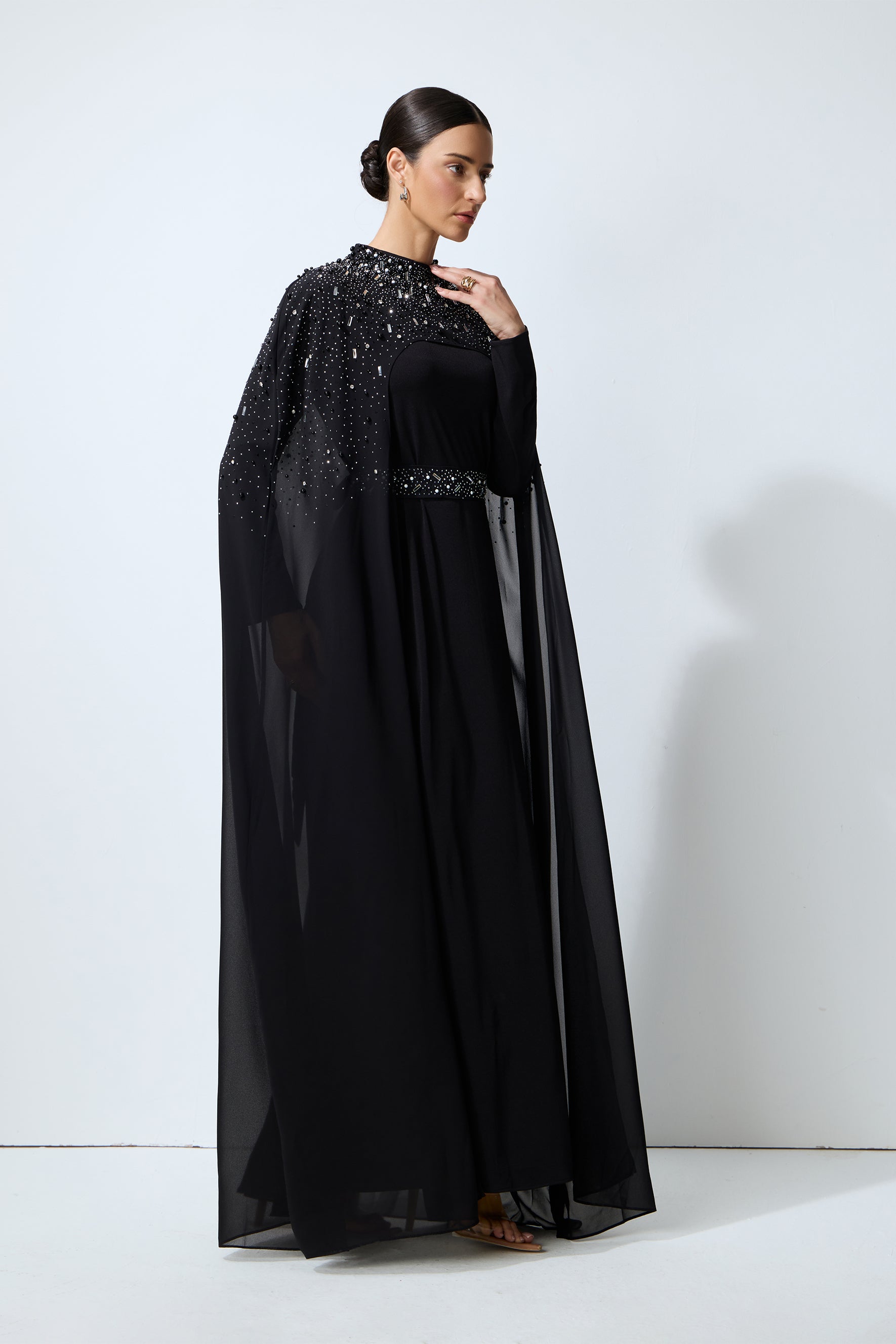 Luxe Simplicity Black Pearl Embellished Cape & Dress Set