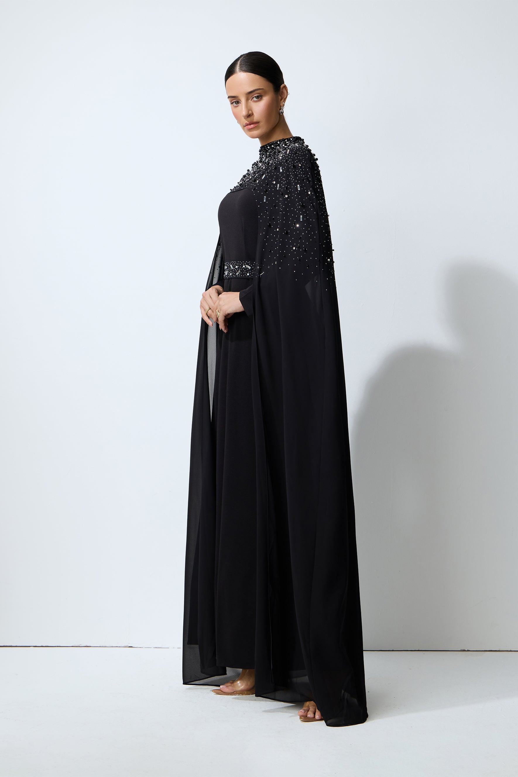 Luxe Simplicity Black Pearl Embellished Cape & Dress Set