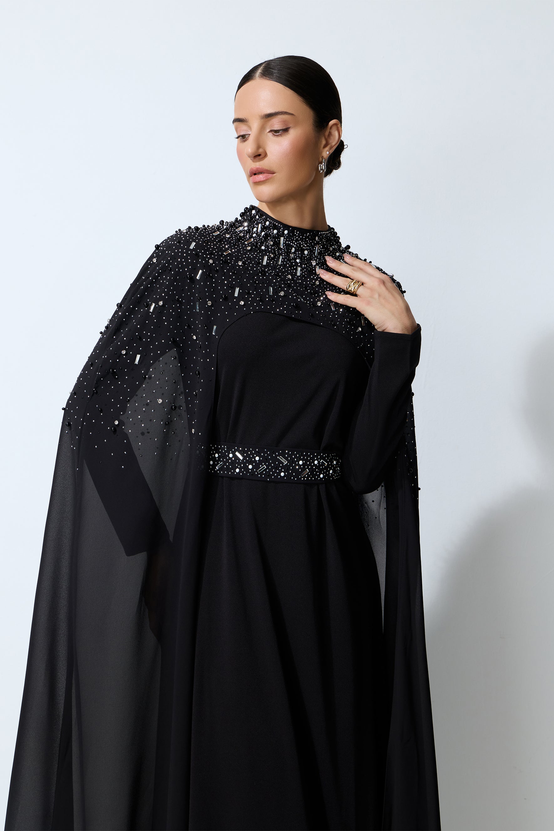 Luxe Simplicity Black Pearl Embellished Cape & Dress Set