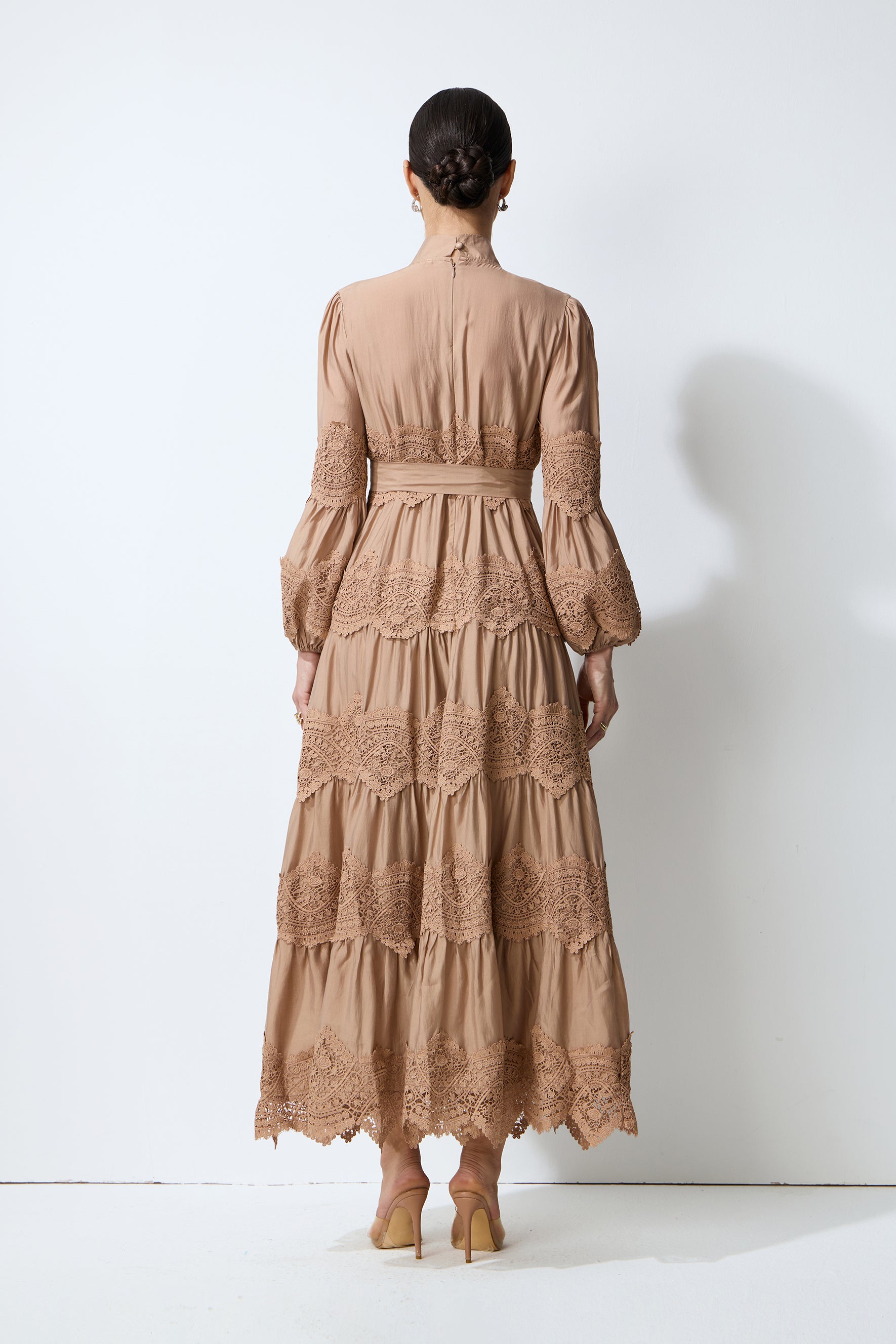 Soft Romance Khaki Puff Sleeve Lace Trim Maxi Dress