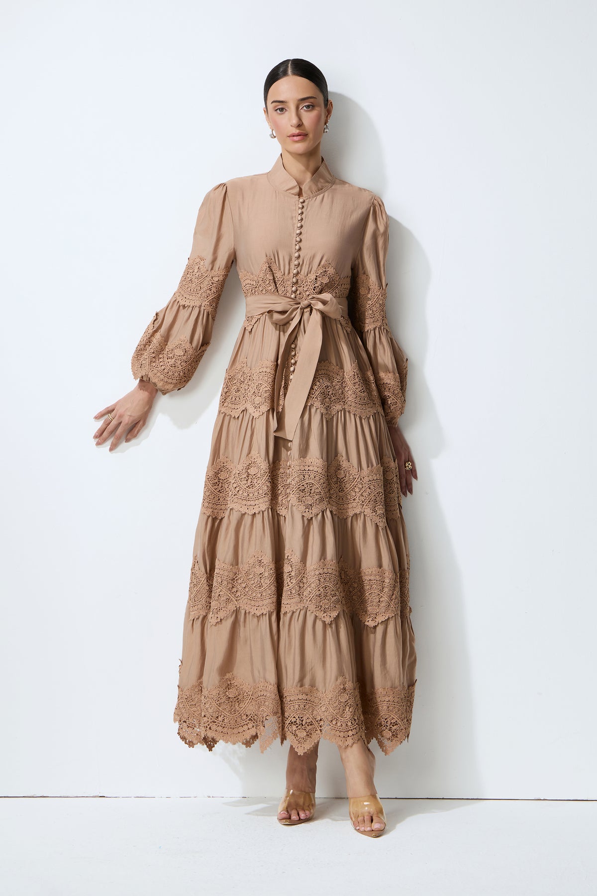 Soft Romance Khaki Puff Sleeve Lace Trim Maxi Dress