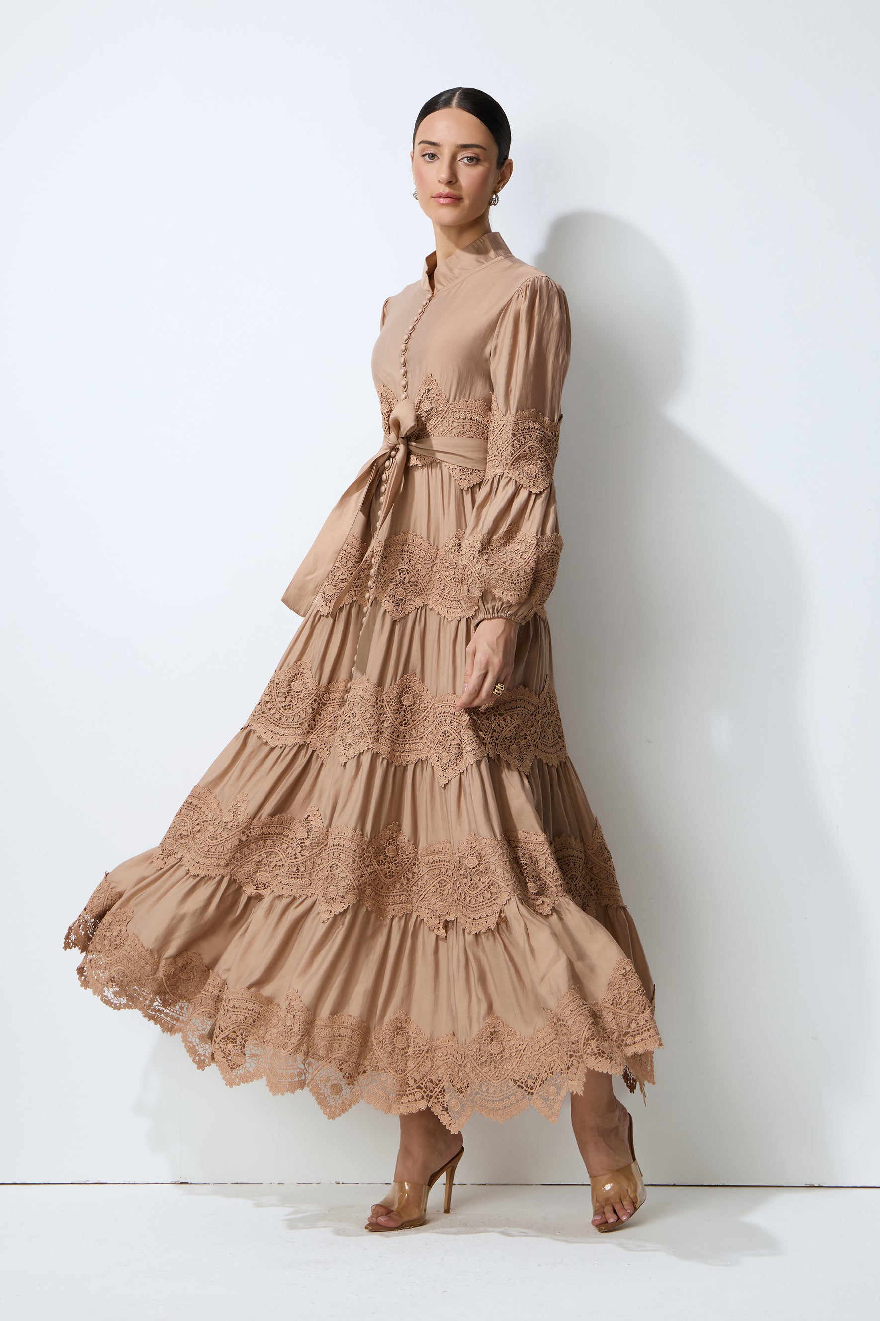 Soft Romance Khaki Puff Sleeve Lace Trim Maxi Dress