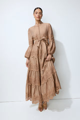 Soft Romance Khaki Puff Sleeve Lace Trim Maxi Dress