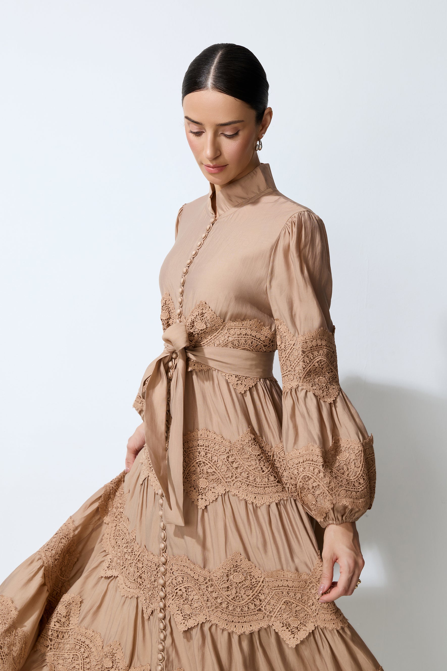 Soft Romance Khaki Puff Sleeve Lace Trim Maxi Dress
