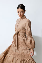 Soft Romance Khaki Puff Sleeve Lace Trim Maxi Dress