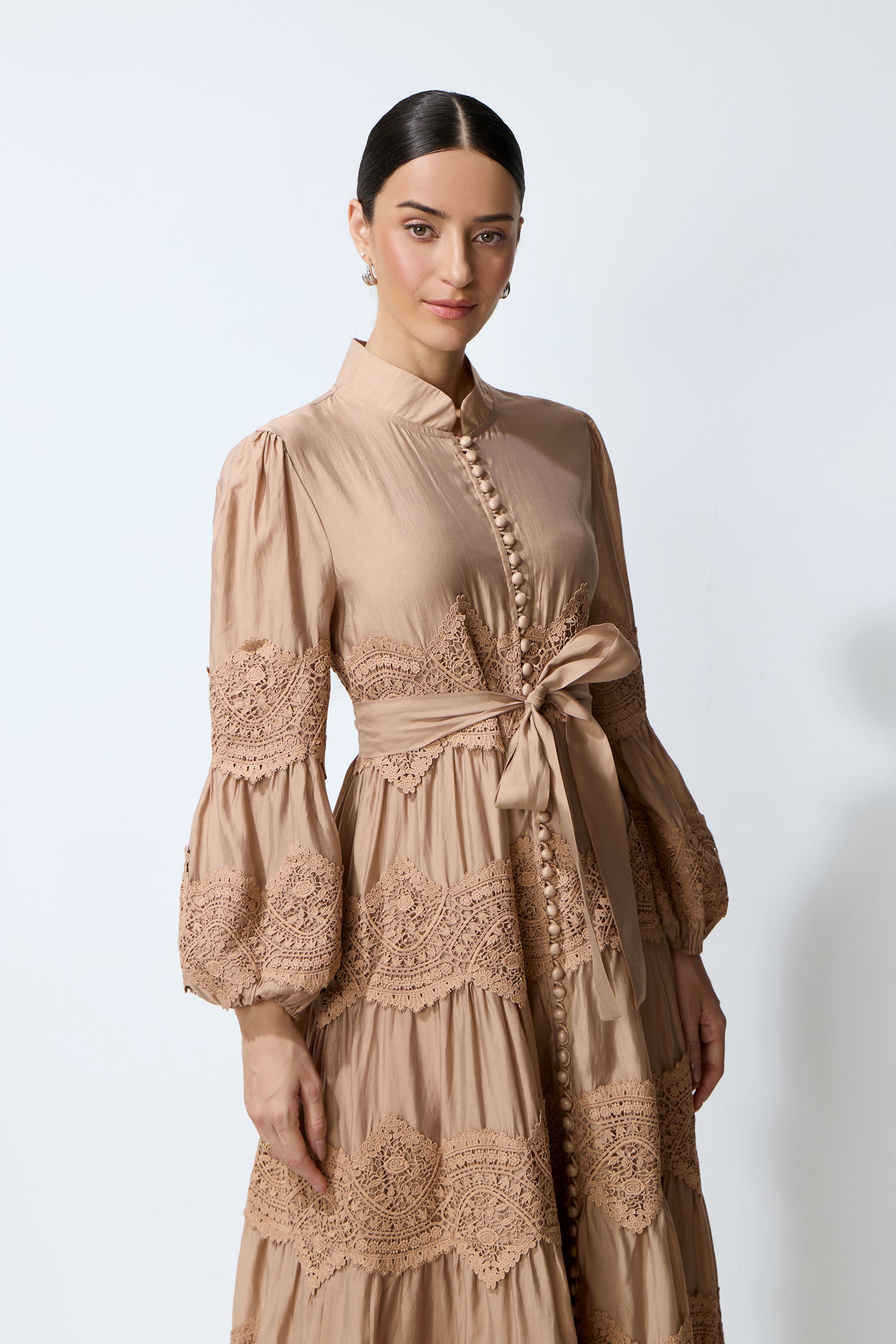 Soft Romance Khaki Puff Sleeve Lace Trim Maxi Dress