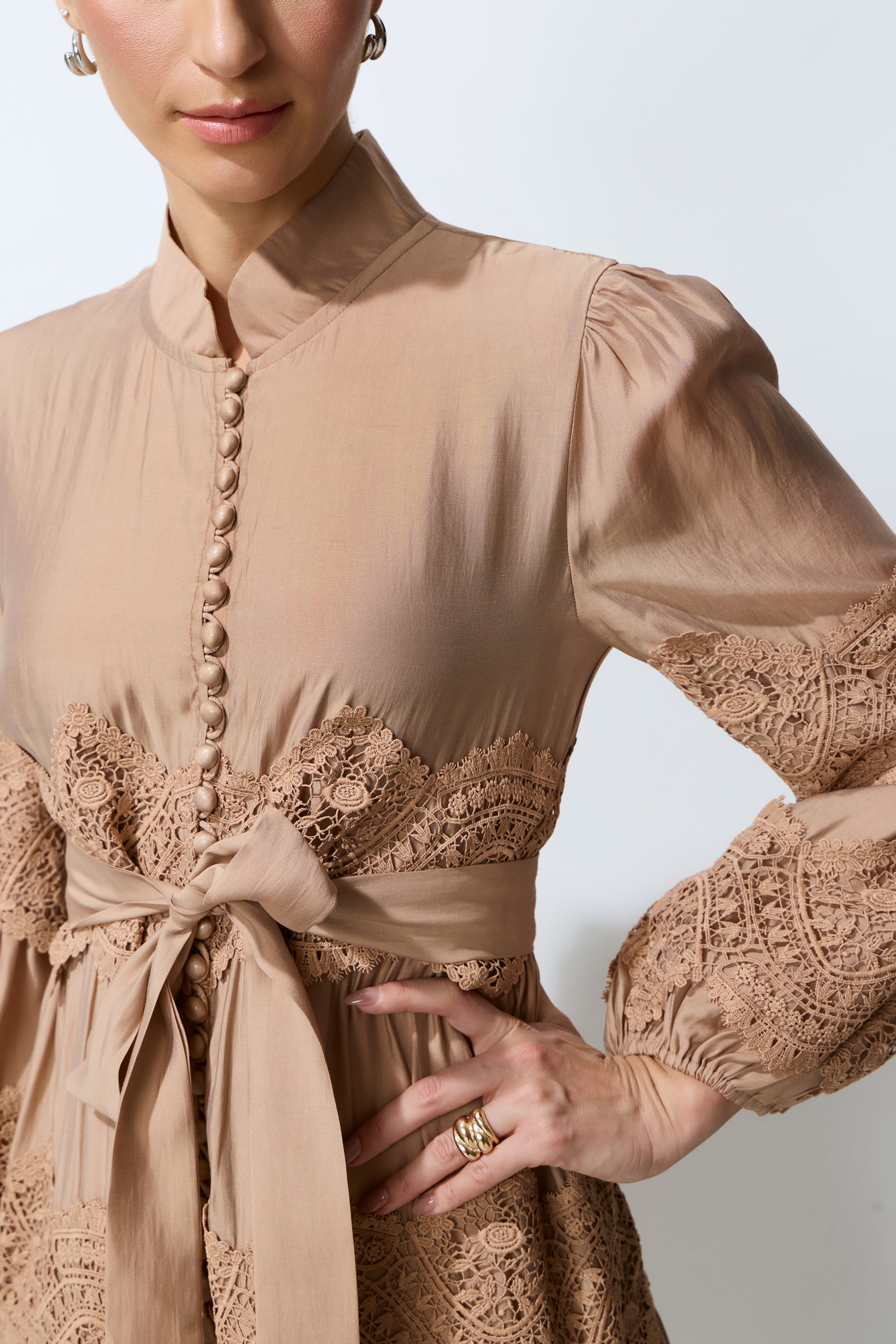 Soft Romance Khaki Puff Sleeve Lace Trim Maxi Dress