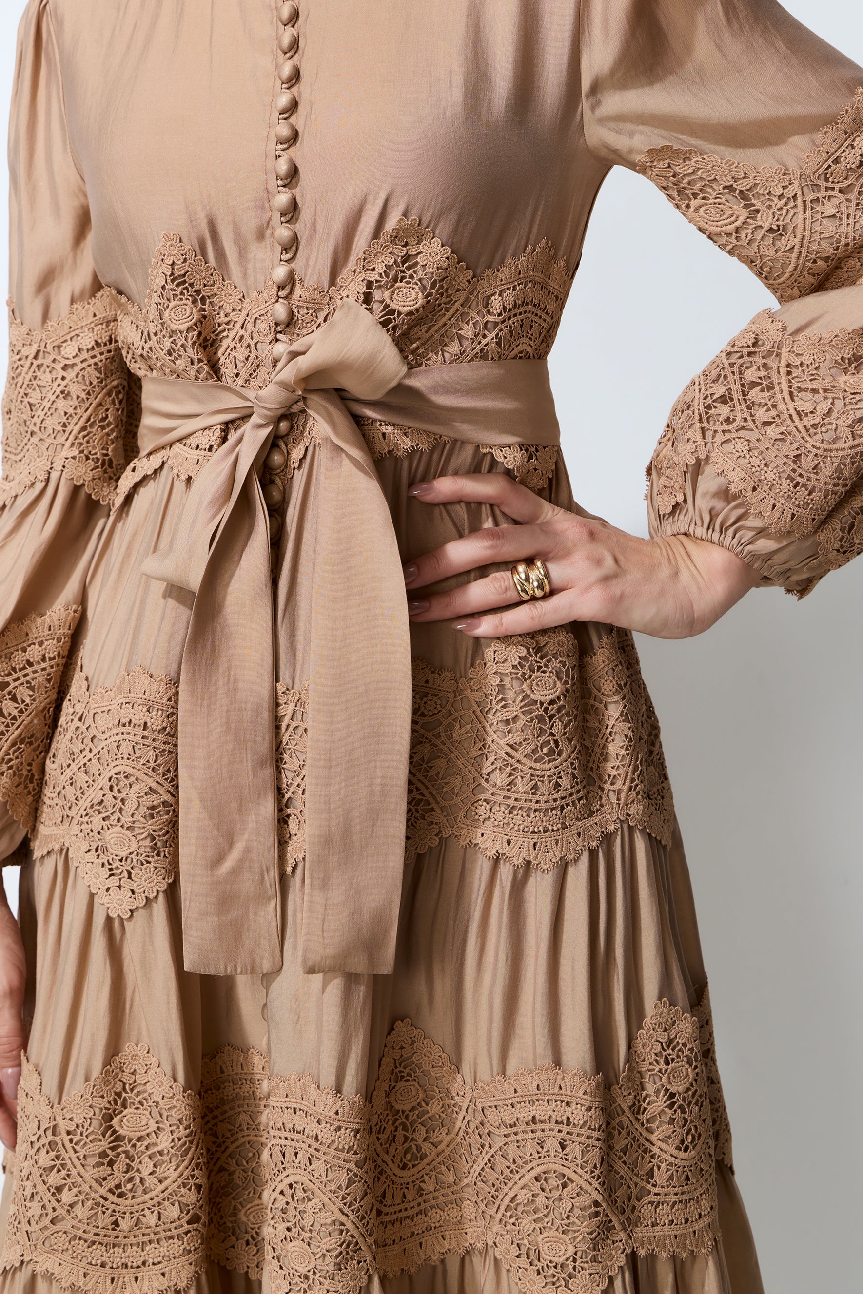 Soft Romance Khaki Puff Sleeve Lace Trim Maxi Dress