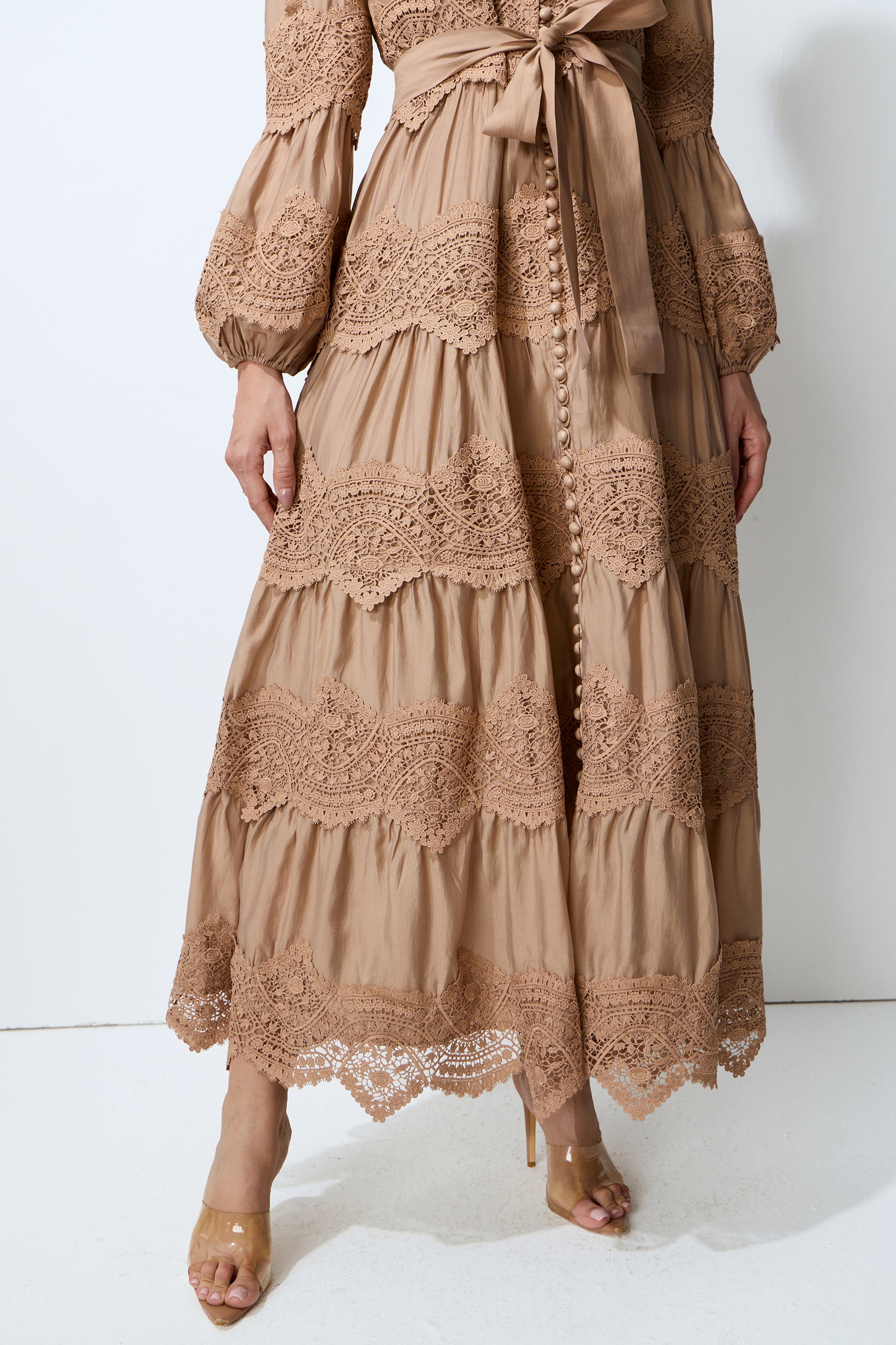 Soft Romance Khaki Puff Sleeve Lace Trim Maxi Dress