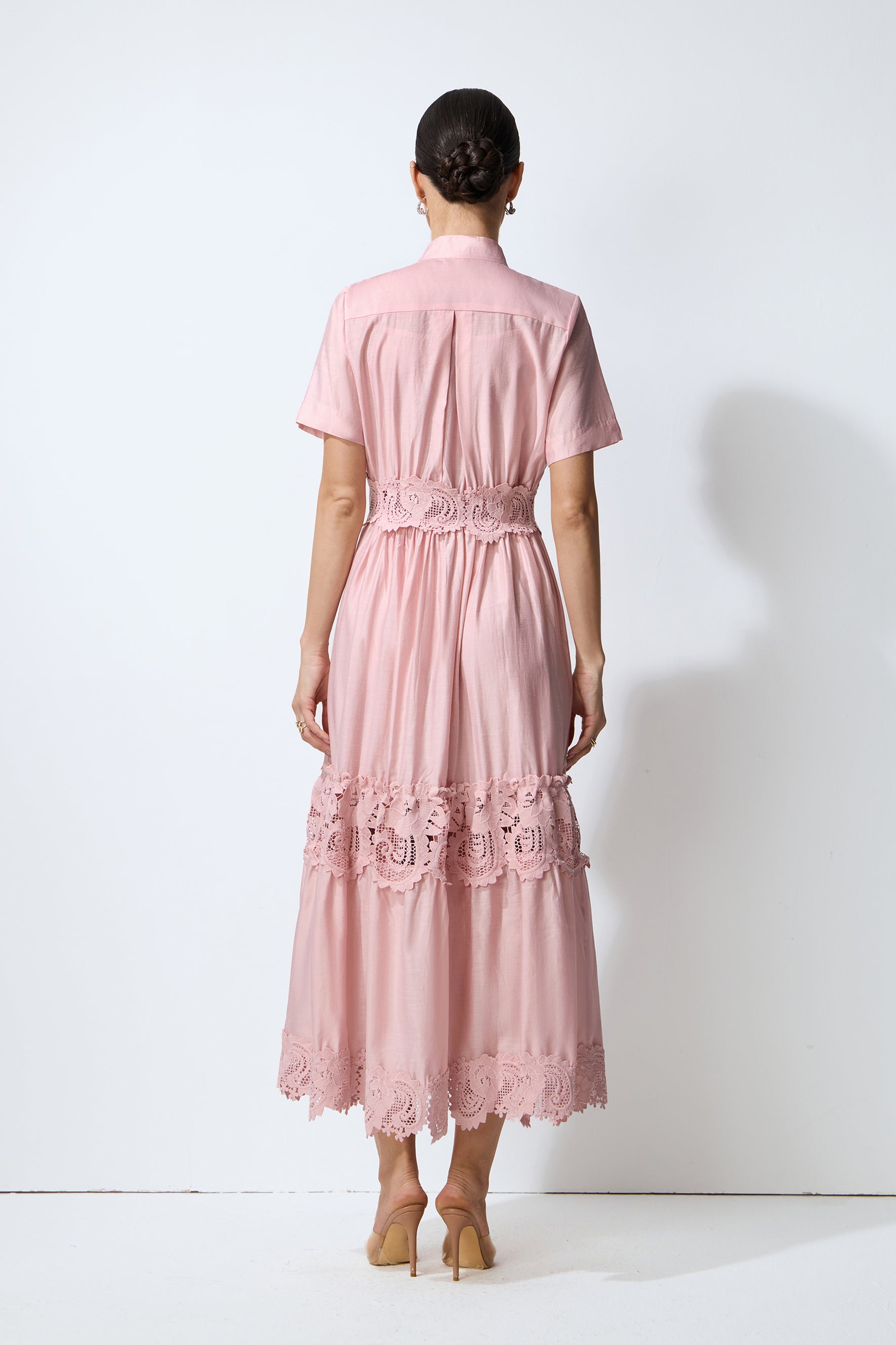 Loveliest Charm Pink Short Sleeve Tiered Lace Maxi Dress