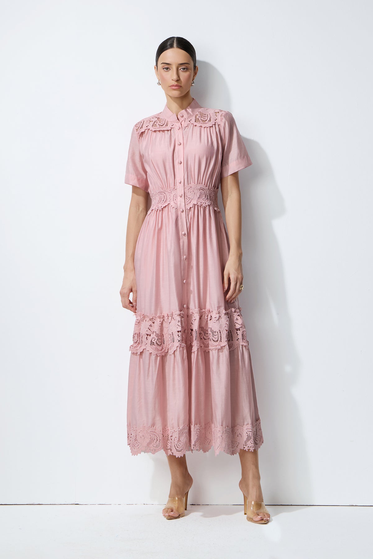 Loveliest Charm Pink Short Sleeve Tiered Lace Maxi Dress