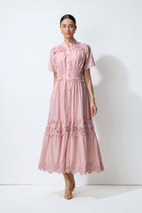 Loveliest Charm Pink Short Sleeve Tiered Lace Maxi Dress