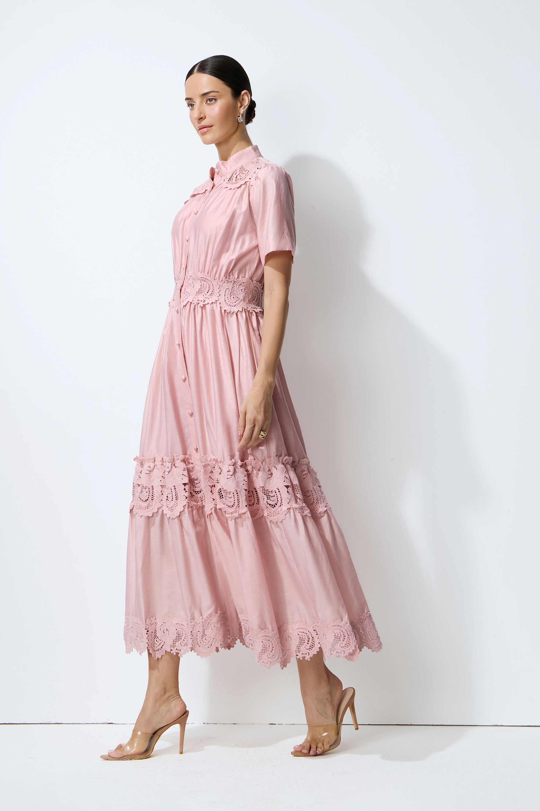 Loveliest Charm Pink Short Sleeve Tiered Lace Maxi Dress