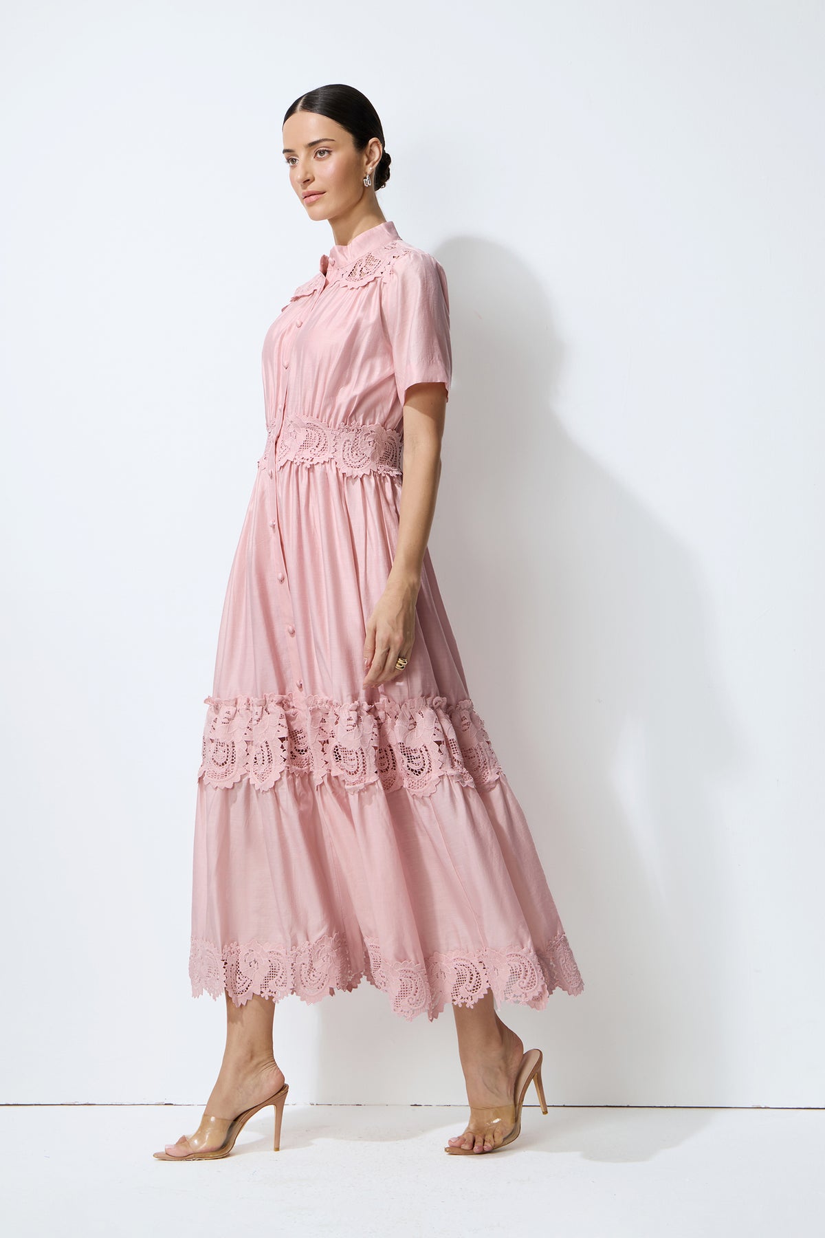 Loveliest Charm Pink Short Sleeve Tiered Lace Maxi Dress