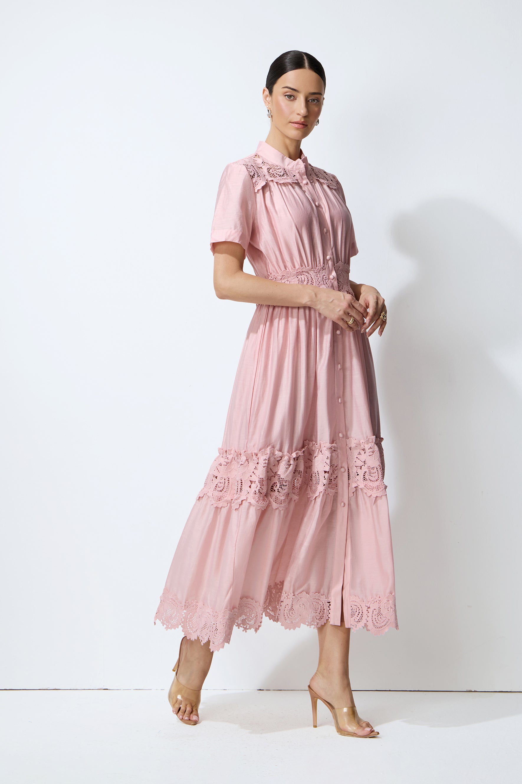 Loveliest Charm Pink Short Sleeve Tiered Lace Maxi Dress