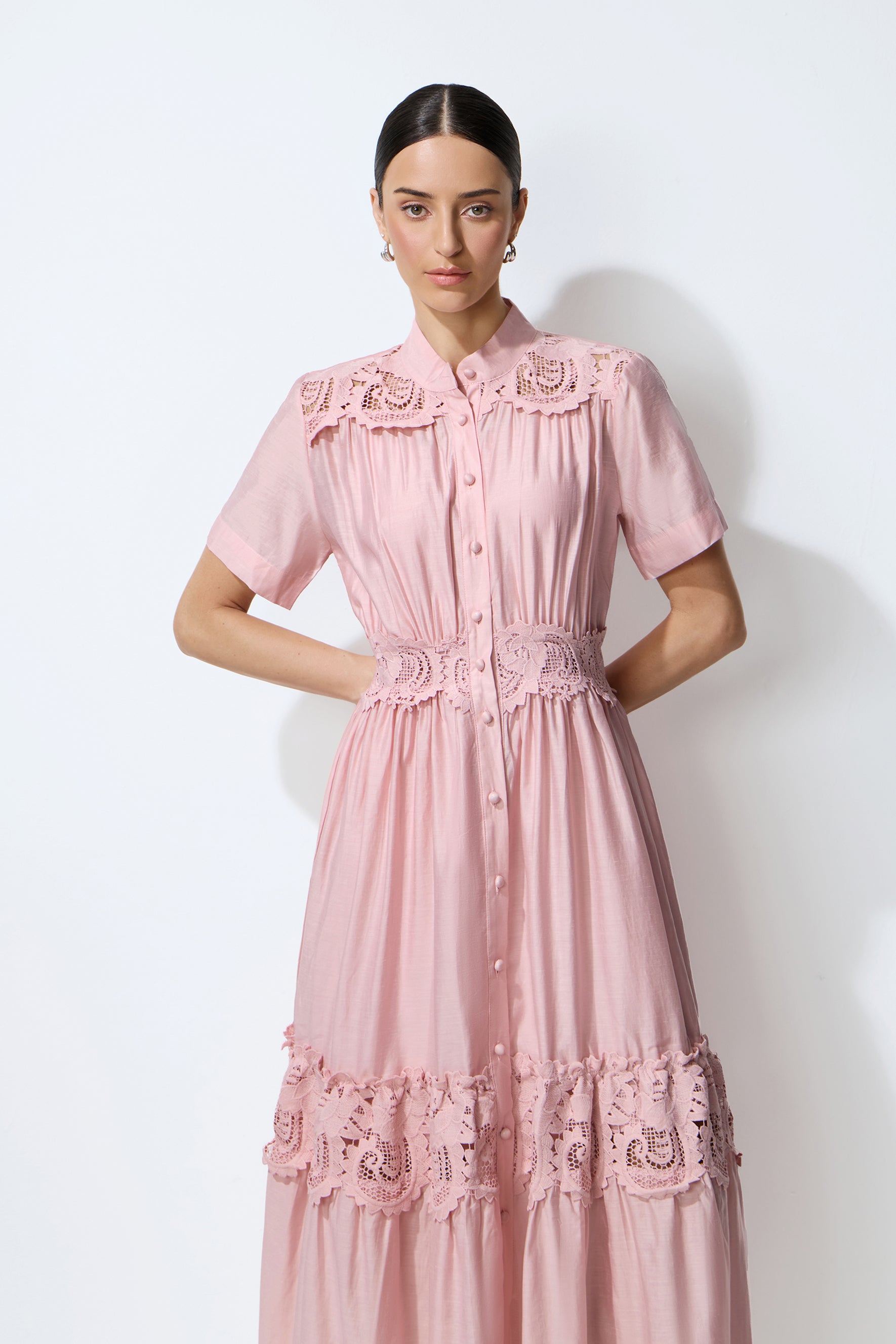 Loveliest Charm Pink Short Sleeve Tiered Lace Maxi Dress