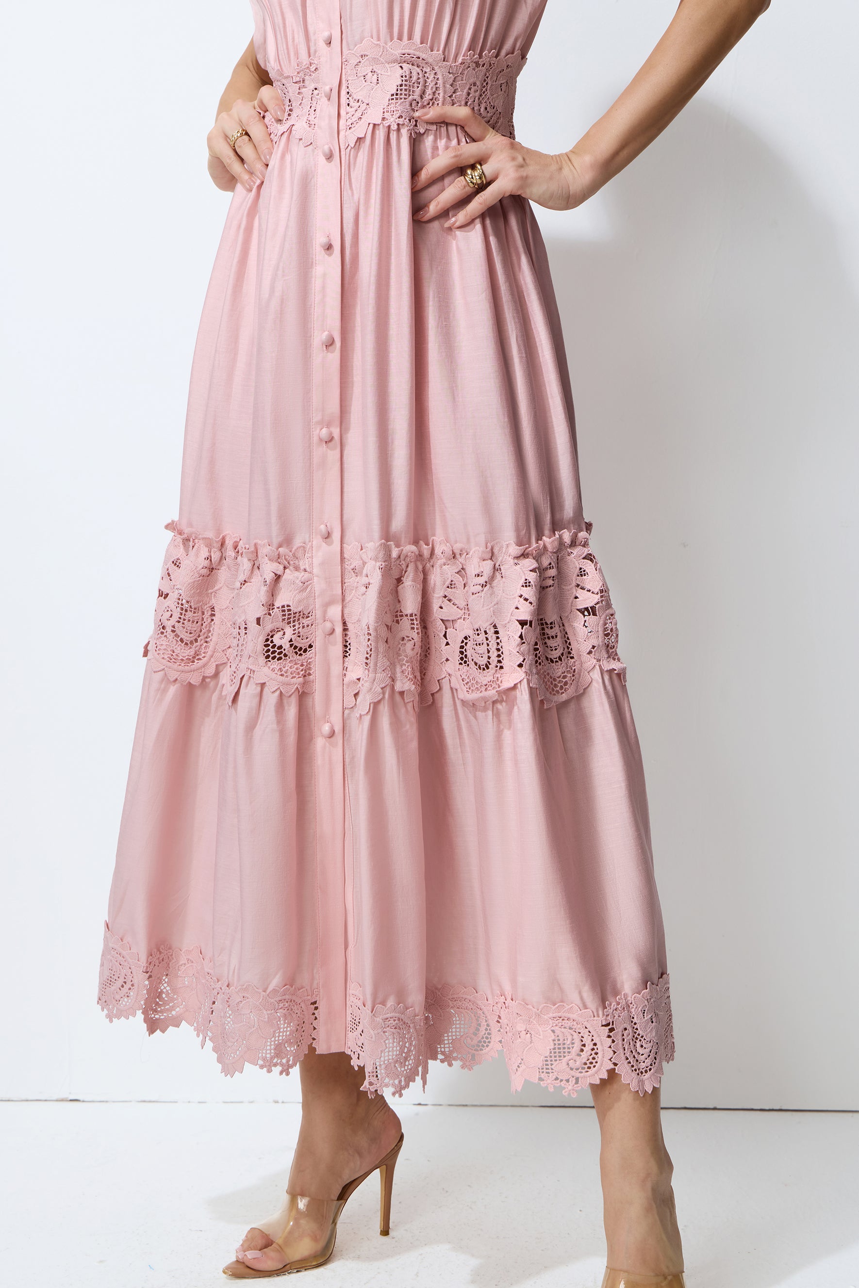Loveliest Charm Pink Short Sleeve Tiered Lace Maxi Dress