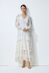 Morning Wanderer White Floral Print V-Neck Maxi Dress