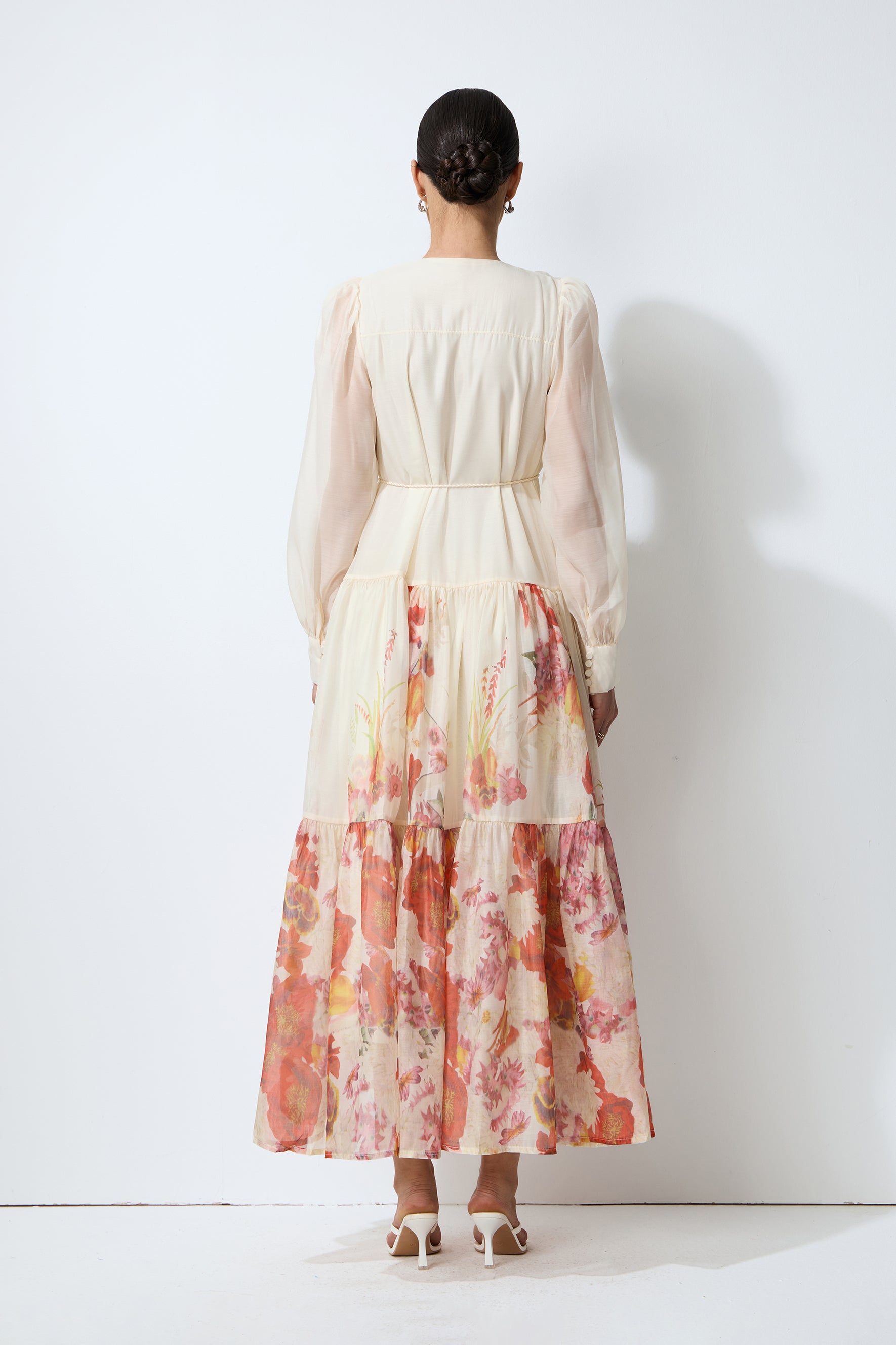 Sweetest Garden Day Beige Floral Print Sheer Sleeve Maxi Dress