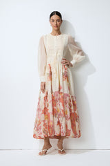 Sweetest Garden Day Beige Floral Print Sheer Sleeve Maxi Dress
