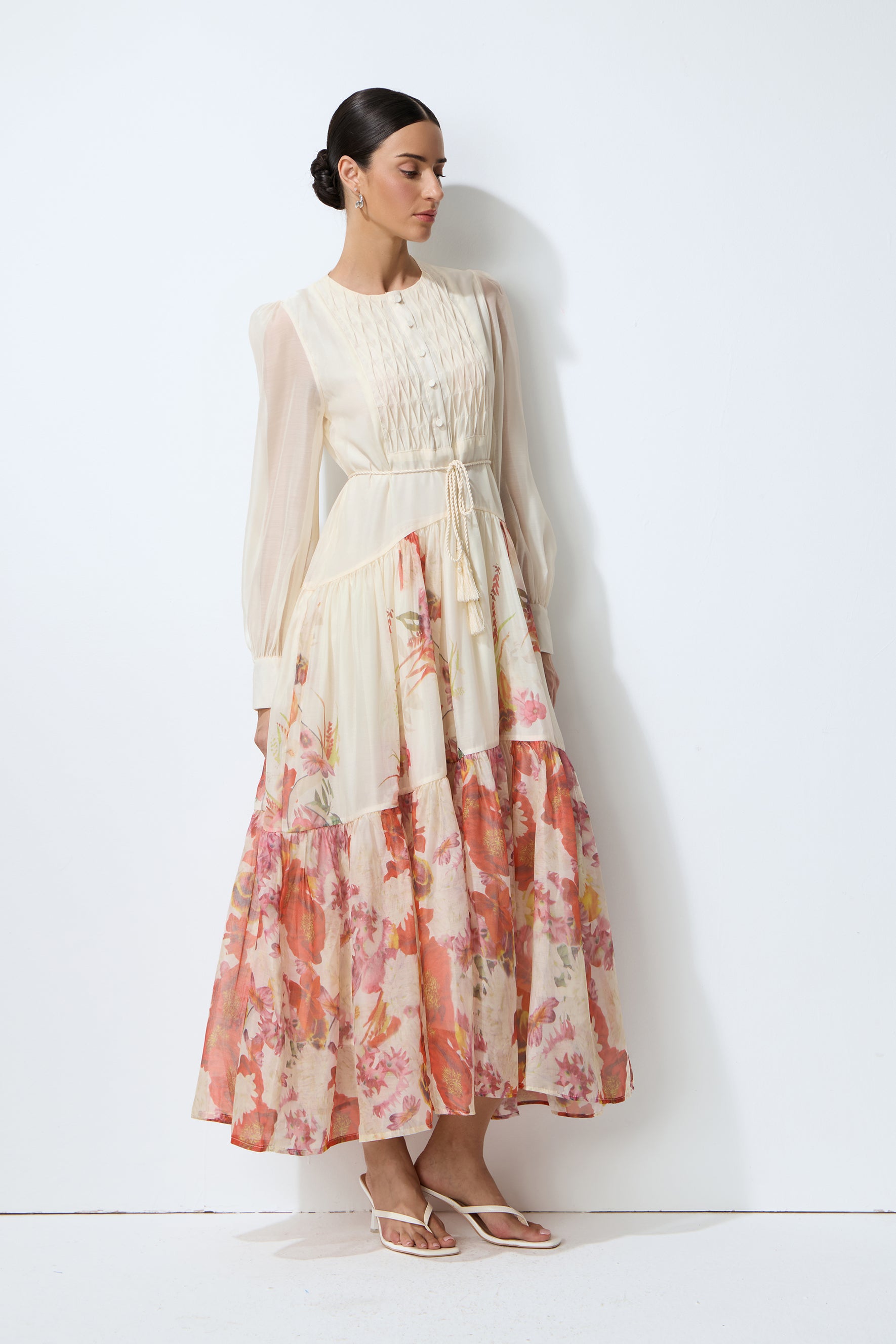 Sweetest Garden Day Beige Floral Print Sheer Sleeve Maxi Dress