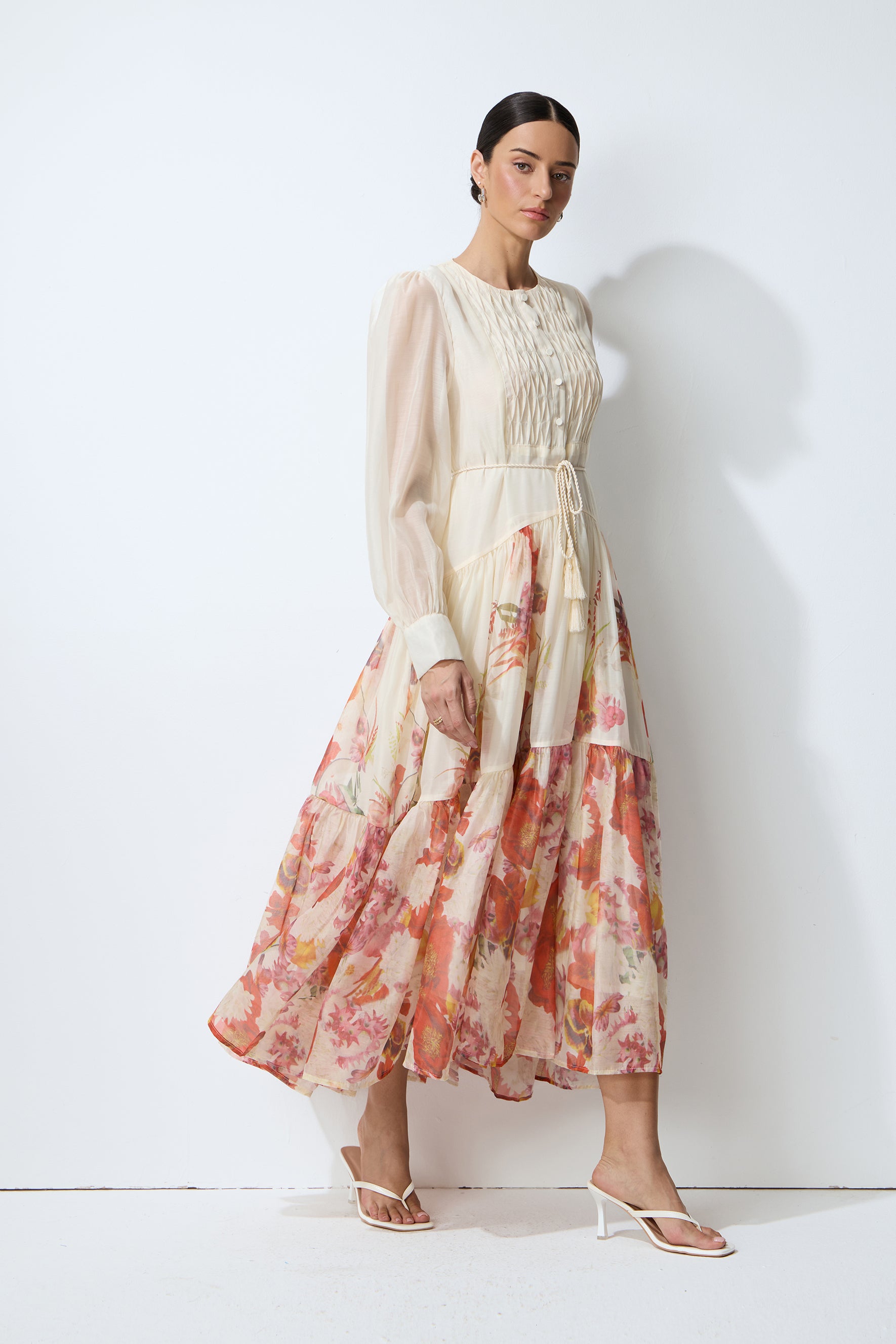 Sweetest Garden Day Beige Floral Print Sheer Sleeve Maxi Dress