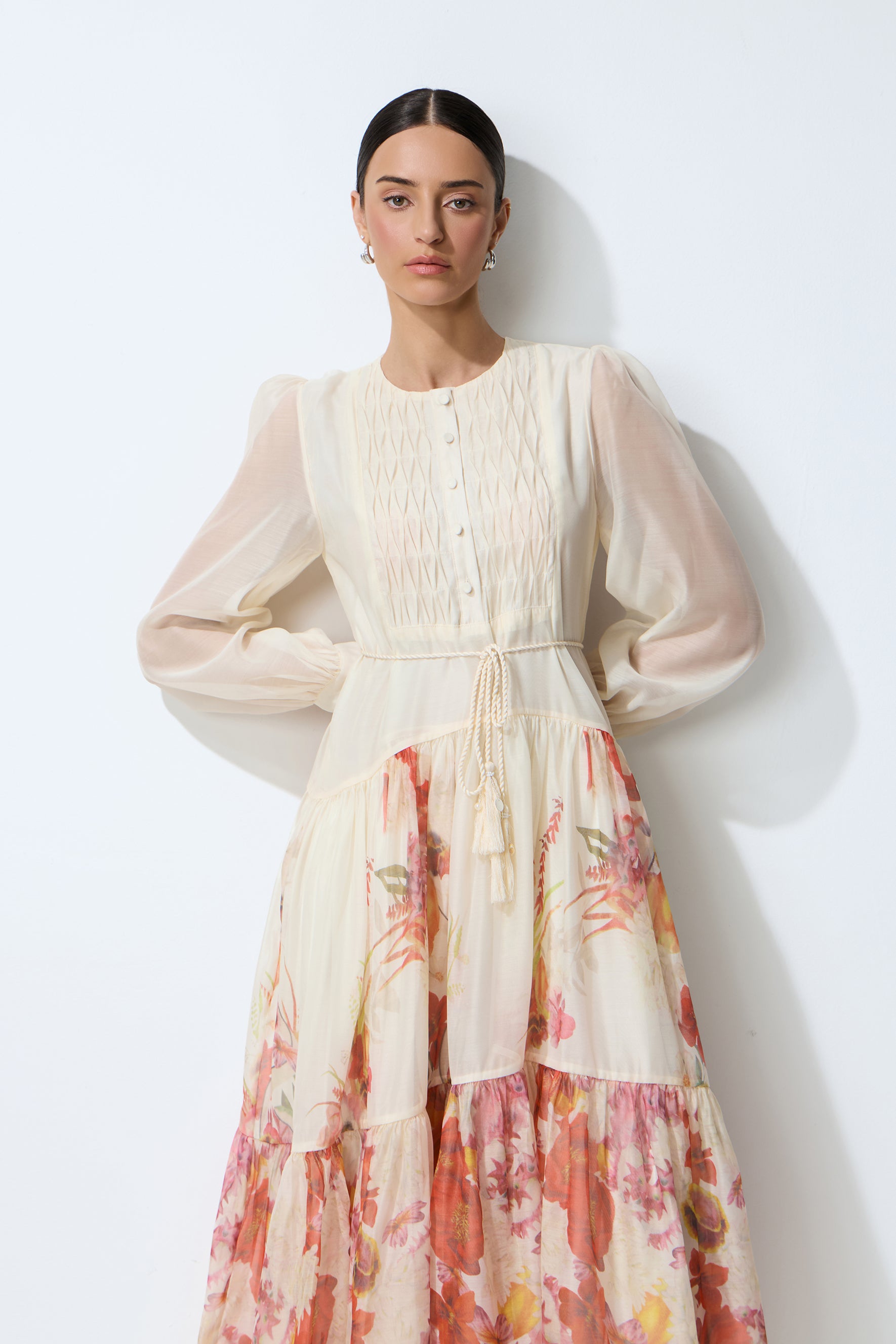 Sweetest Garden Day Beige Floral Print Sheer Sleeve Maxi Dress