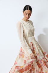 Sweetest Garden Day Beige Floral Print Sheer Sleeve Maxi Dress