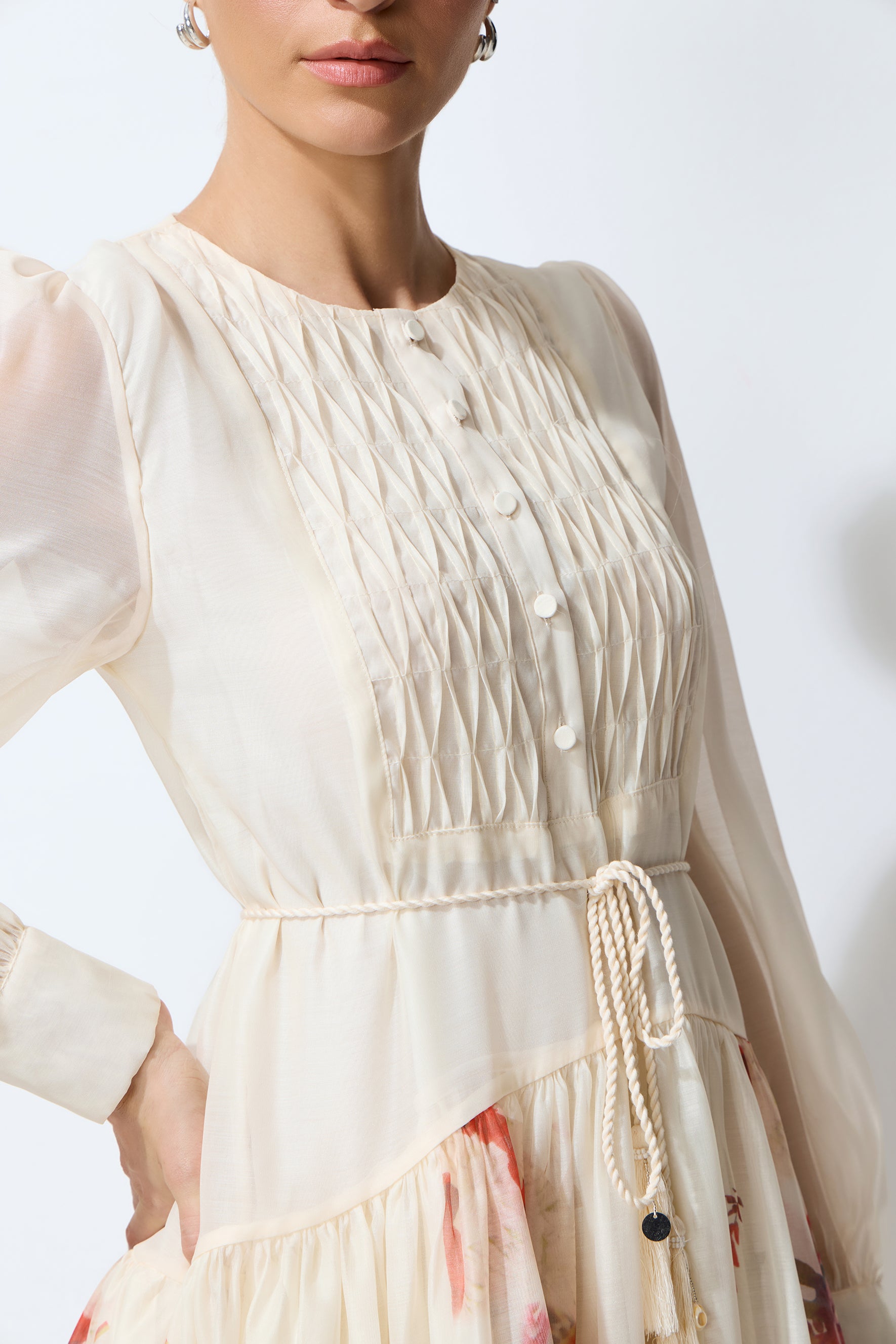 Sweetest Garden Day Beige Floral Print Sheer Sleeve Maxi Dress