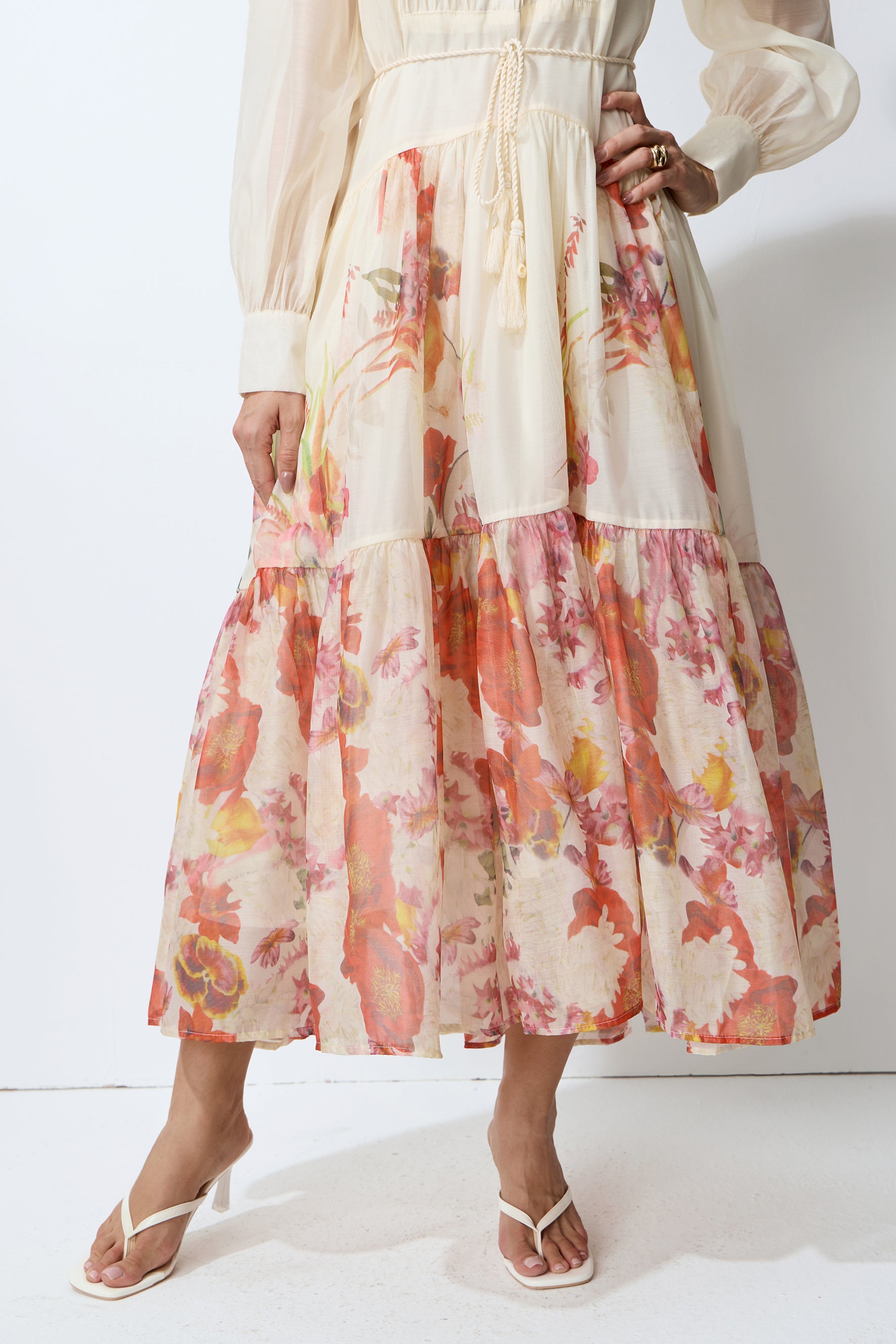 Sweetest Garden Day Beige Floral Print Sheer Sleeve Maxi Dress