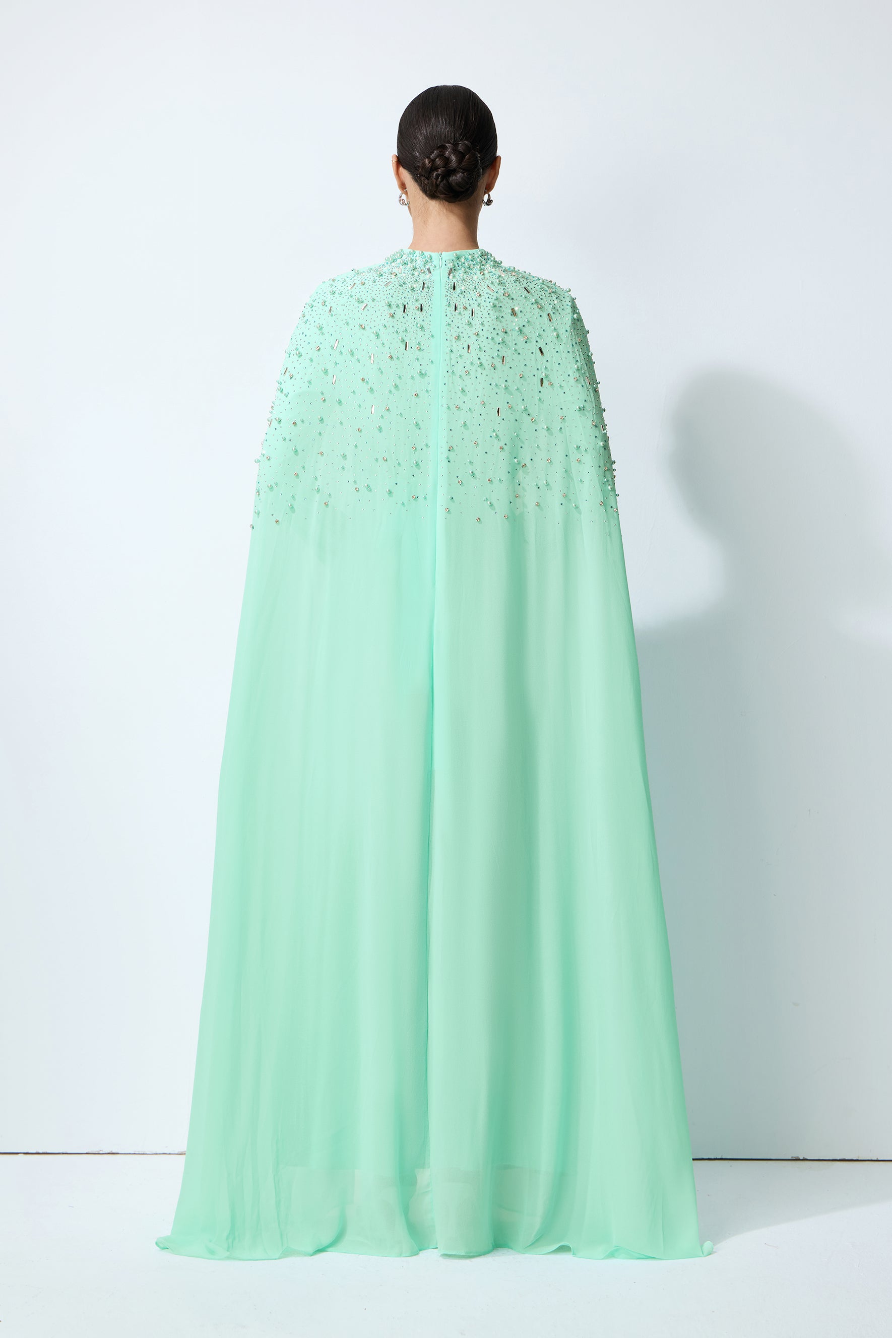 Luxe Simplicity Light Green Pearl Embellished Cape & Dress Set