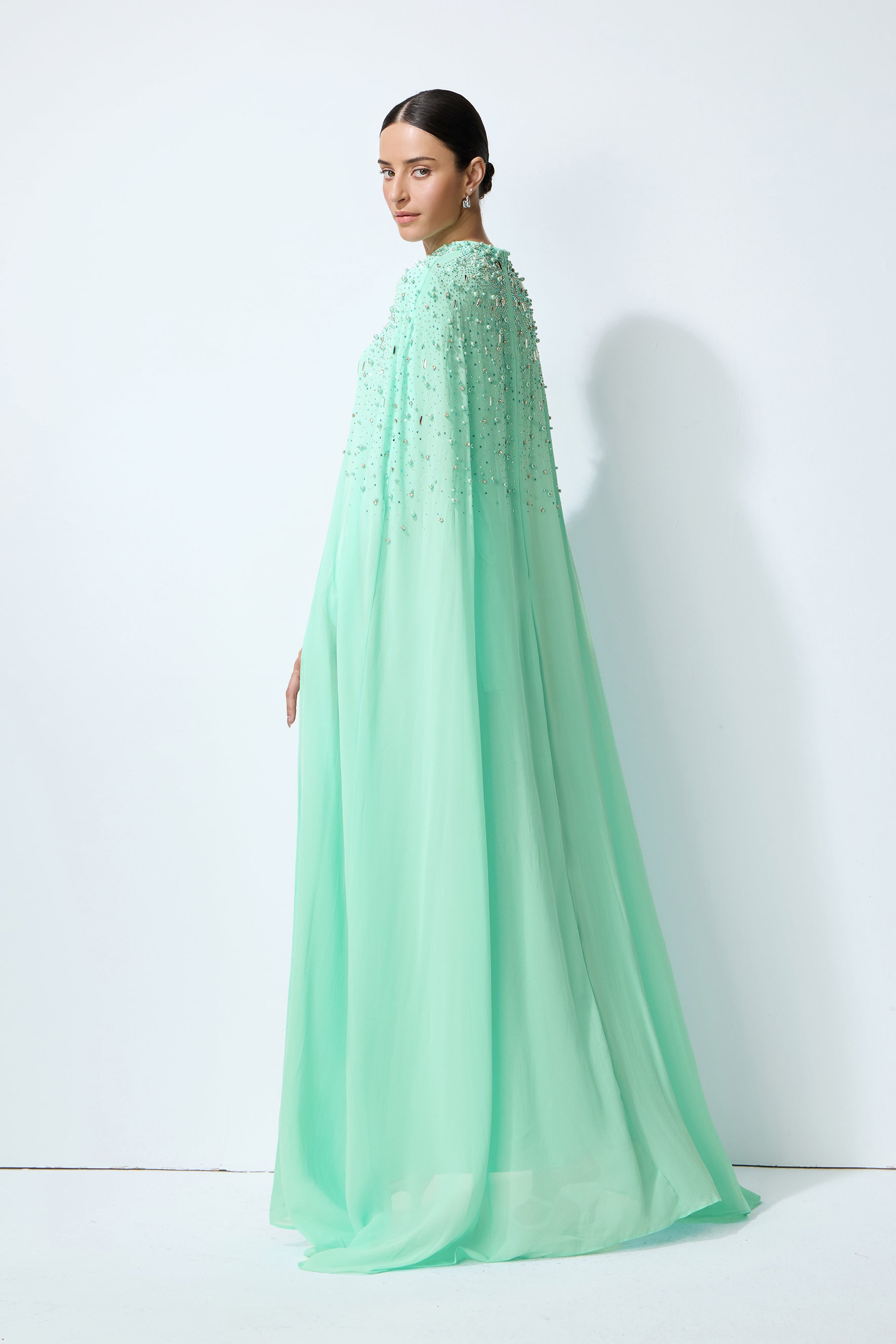 Luxe Simplicity Light Green Pearl Embellished Cape & Dress Set