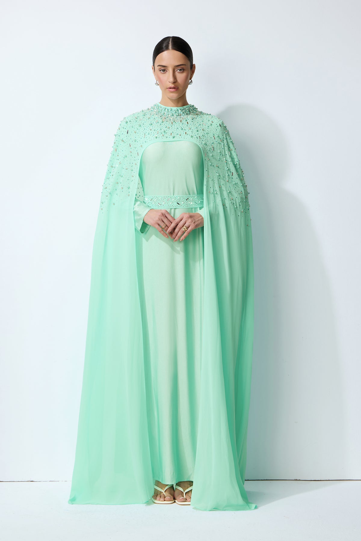 Luxe Simplicity Light Green Pearl Embellished Cape & Dress Set