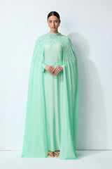 Luxe Simplicity Light Green Pearl Embellished Cape & Dress Set