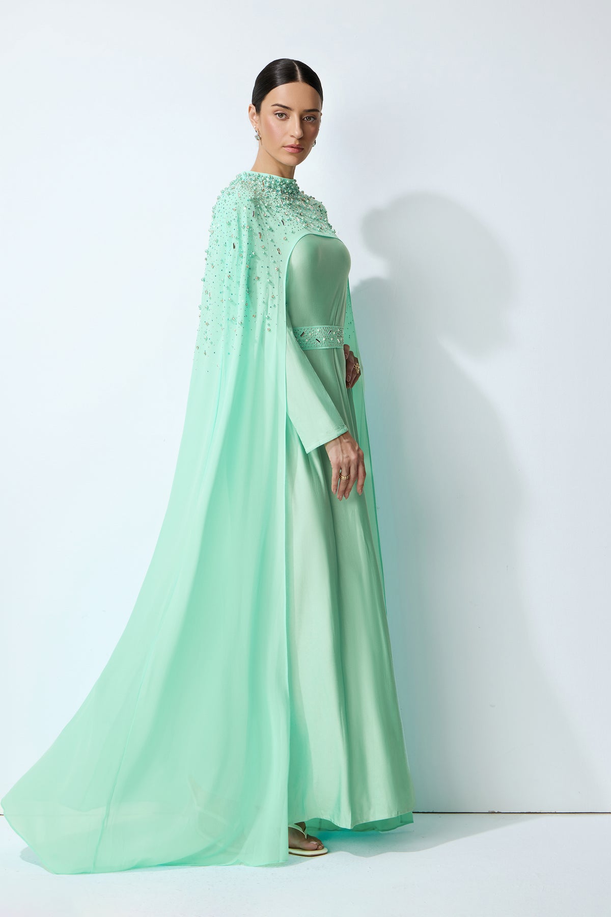 Luxe Simplicity Light Green Pearl Embellished Cape & Dress Set
