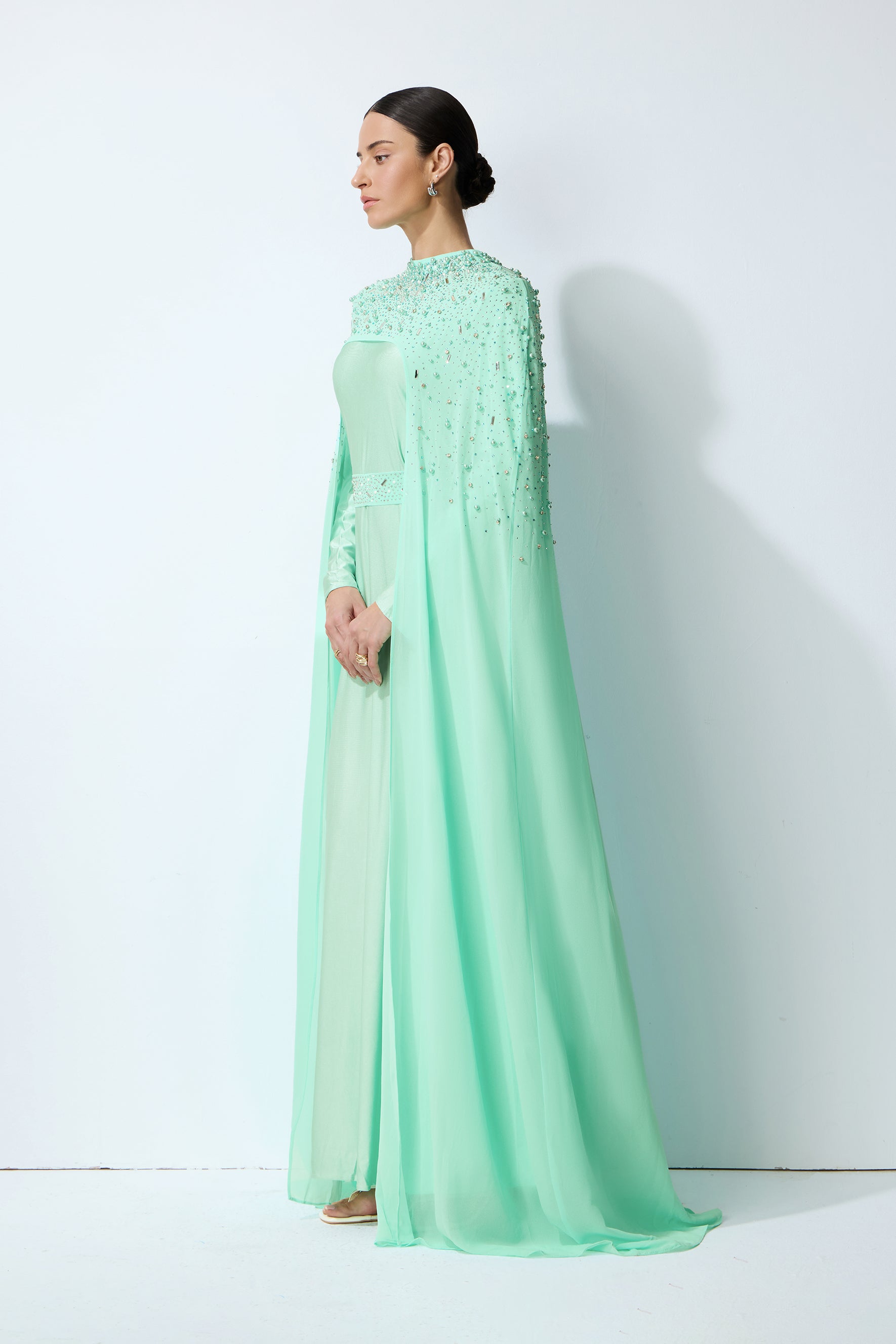 Luxe Simplicity Light Green Pearl Embellished Cape & Dress Set