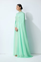 Luxe Simplicity Light Green Pearl Embellished Cape & Dress Set