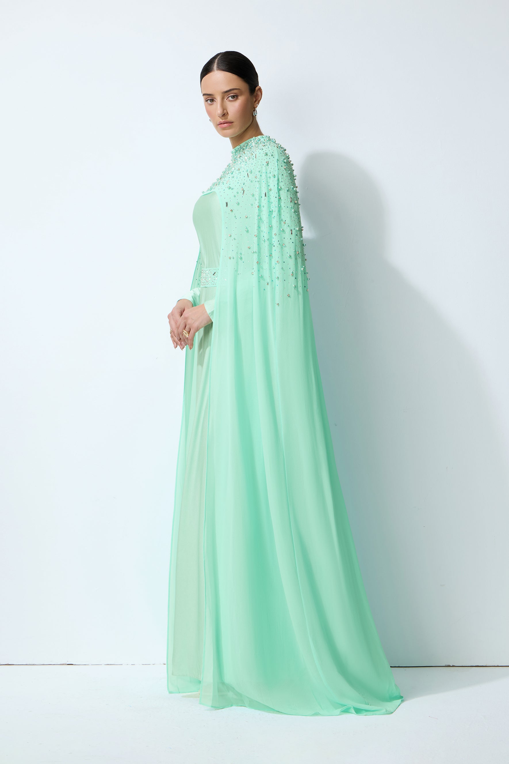 Luxe Simplicity Light Green Pearl Embellished Cape & Dress Set