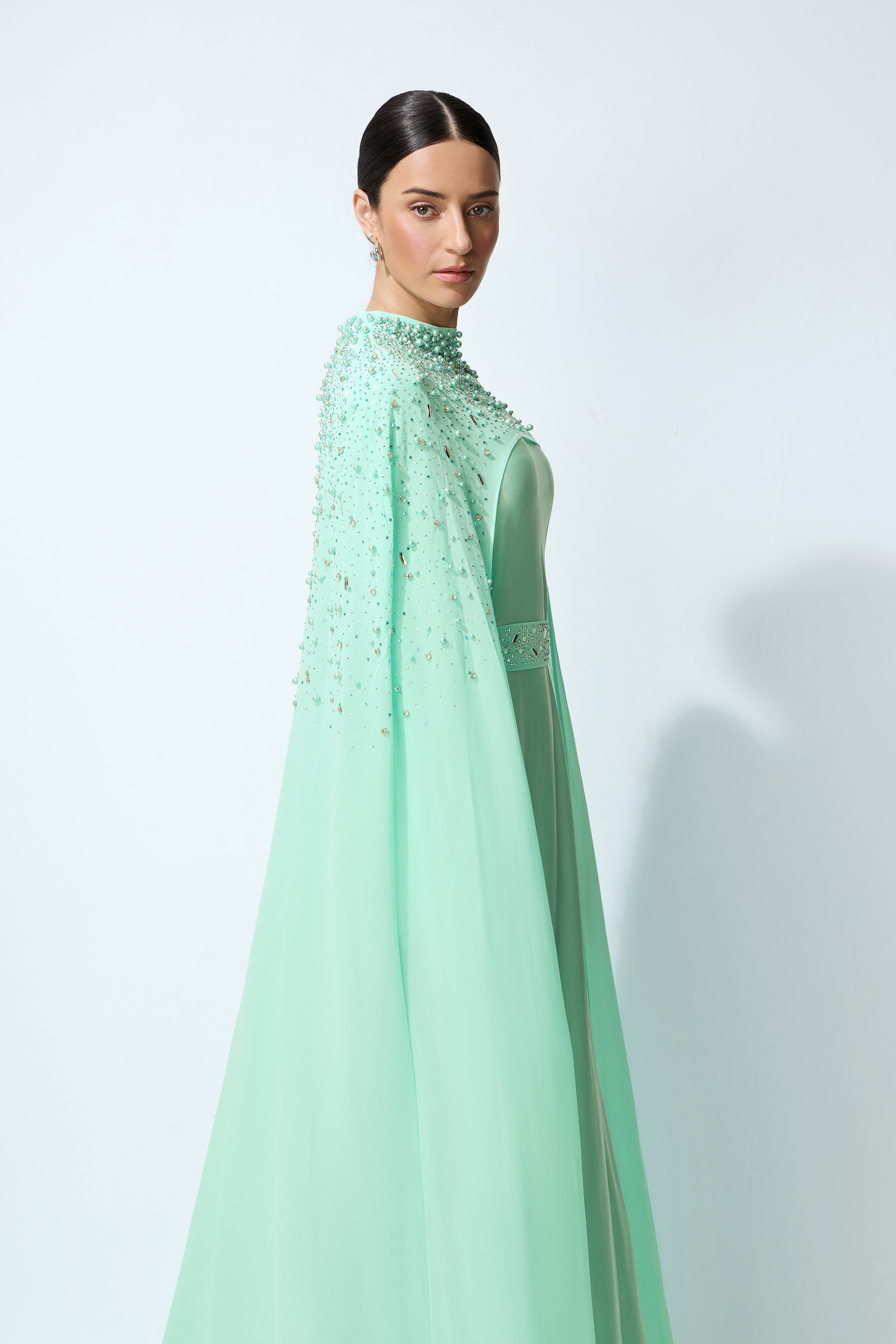 Luxe Simplicity Light Green Pearl Embellished Cape & Dress Set