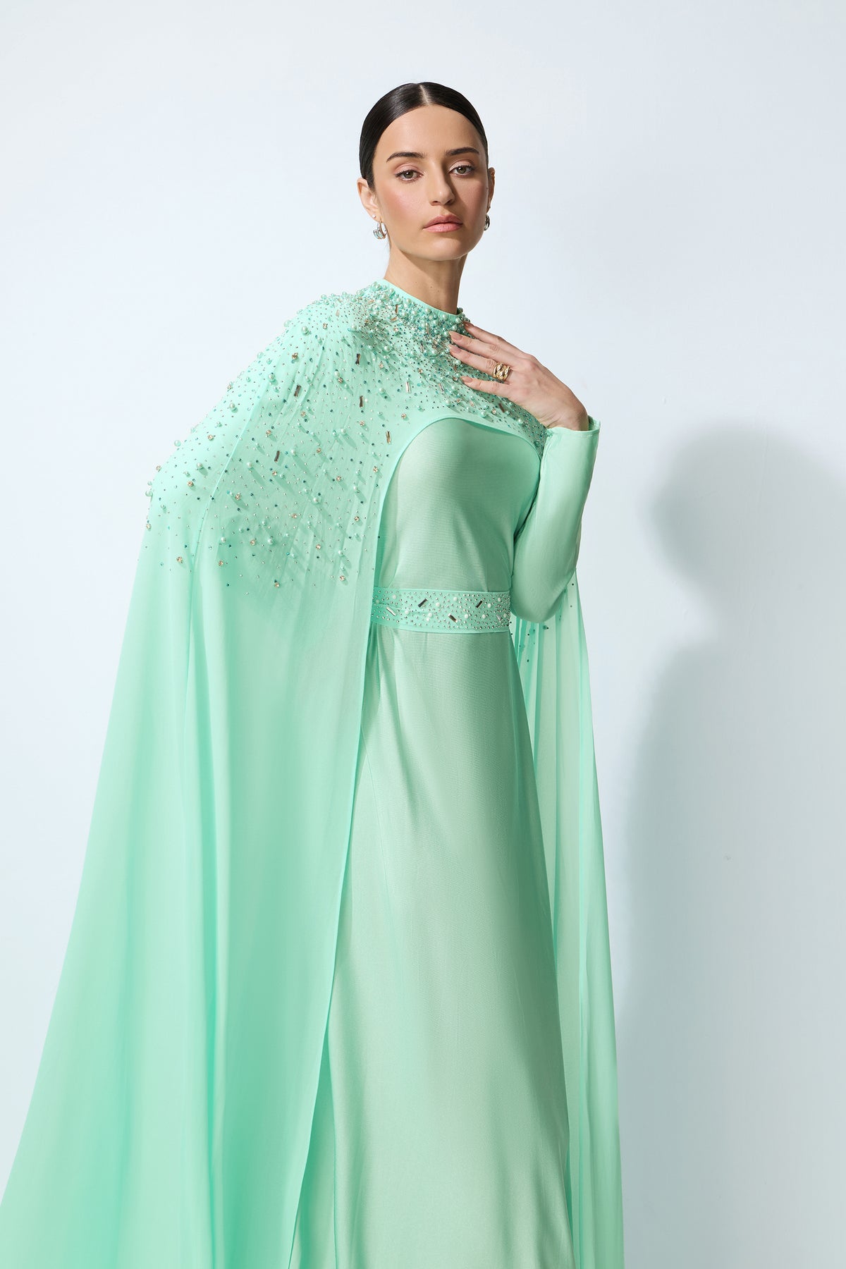 Luxe Simplicity Light Green Pearl Embellished Cape & Dress Set