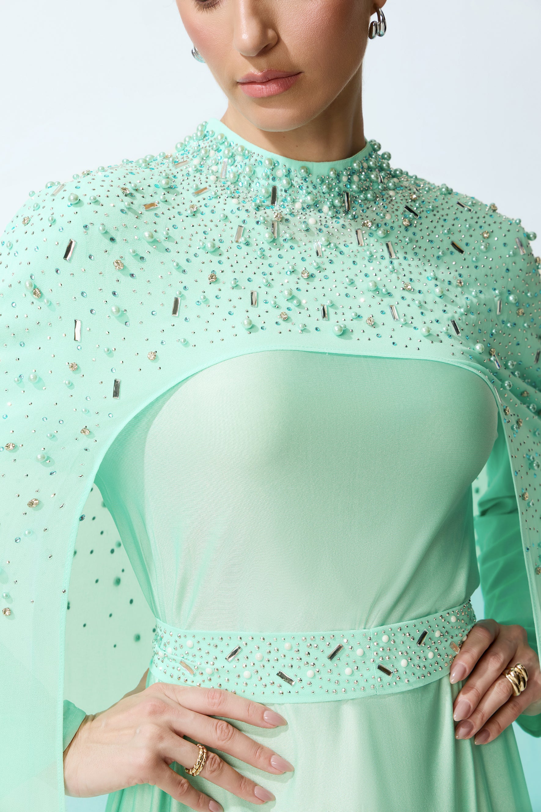 Luxe Simplicity Light Green Pearl Embellished Cape & Dress Set