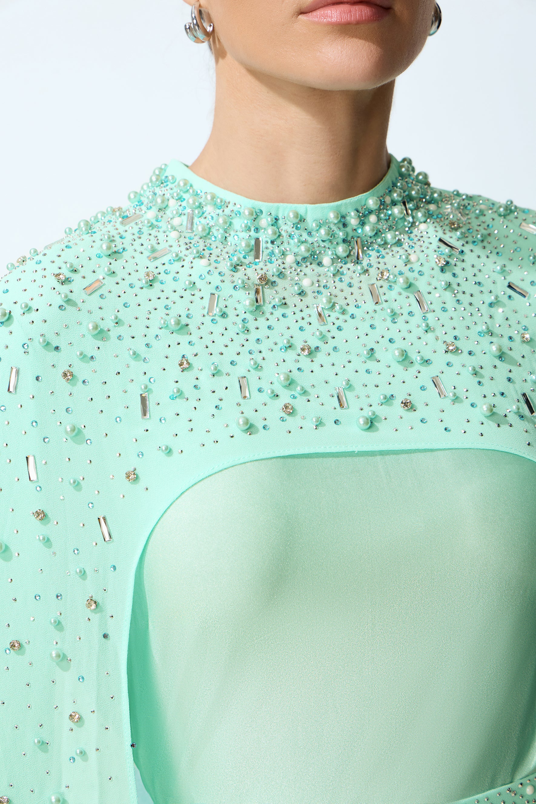Luxe Simplicity Light Green Pearl Embellished Cape & Dress Set